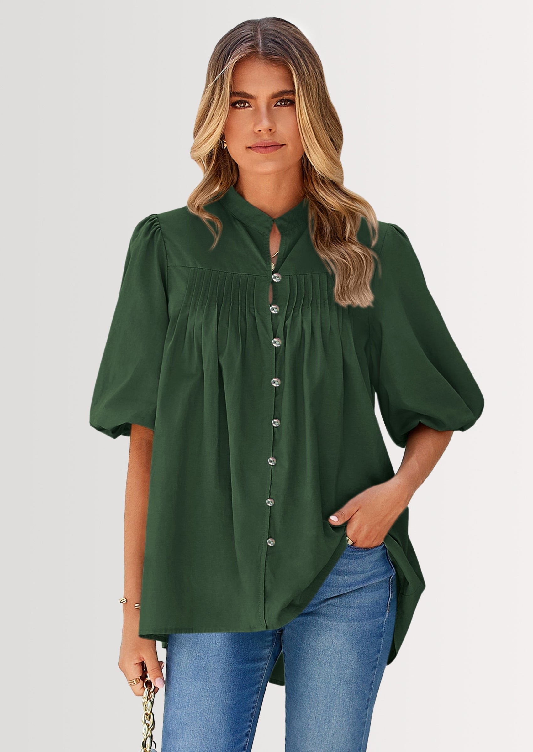 Women's Summer Short Lantern Sleeve Tops Loose Fit Button Down Shirt Casual Pleated V Neck Blouses
