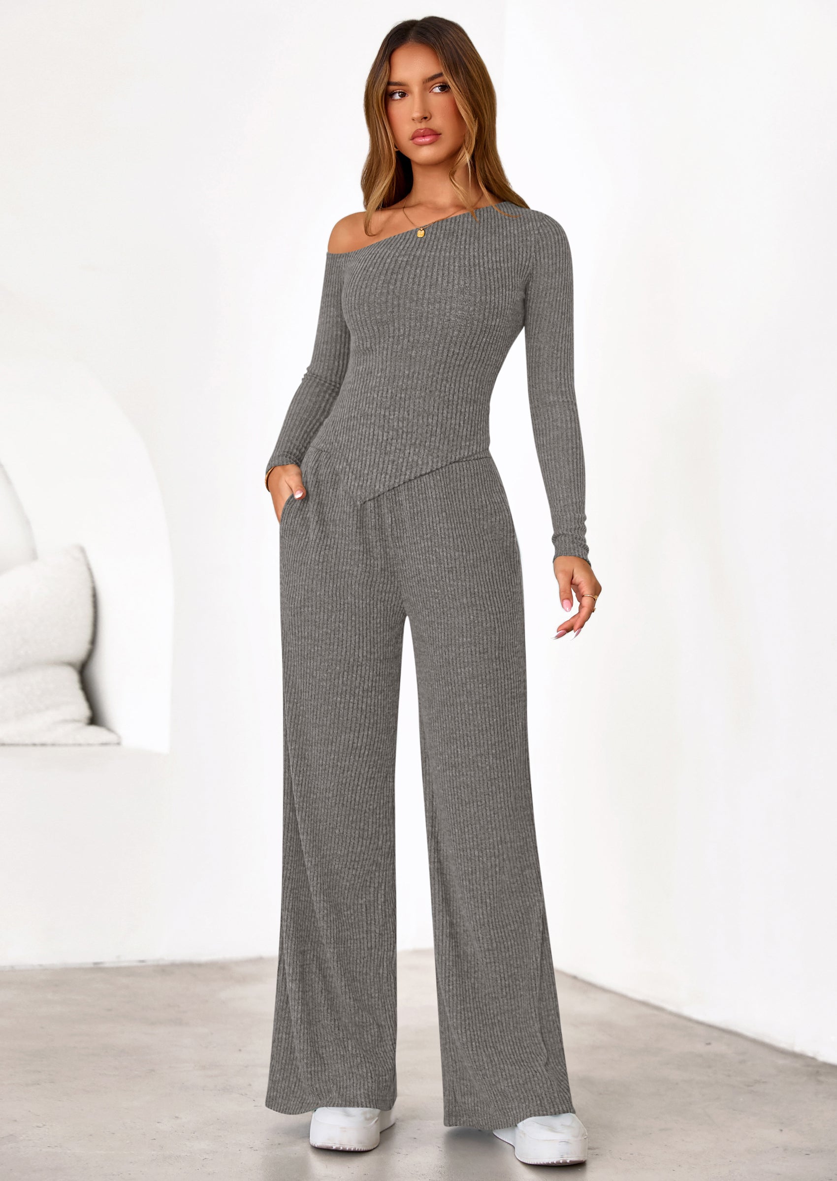 Casual Two Piece Sets for Women Fall Outfits Asymmetrical Off Shoulder Tops Wide Leg Pants Knit Lounge Set