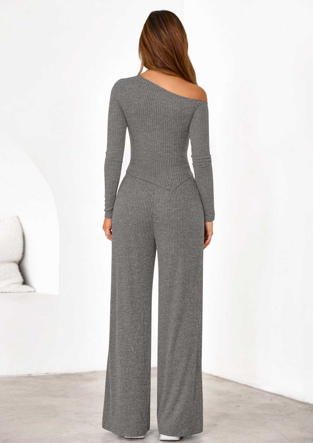 Casual Two Piece Sets for Women Fall Outfits Asymmetrical Off Shoulder Tops Wide Leg Pants Knit Lounge Set