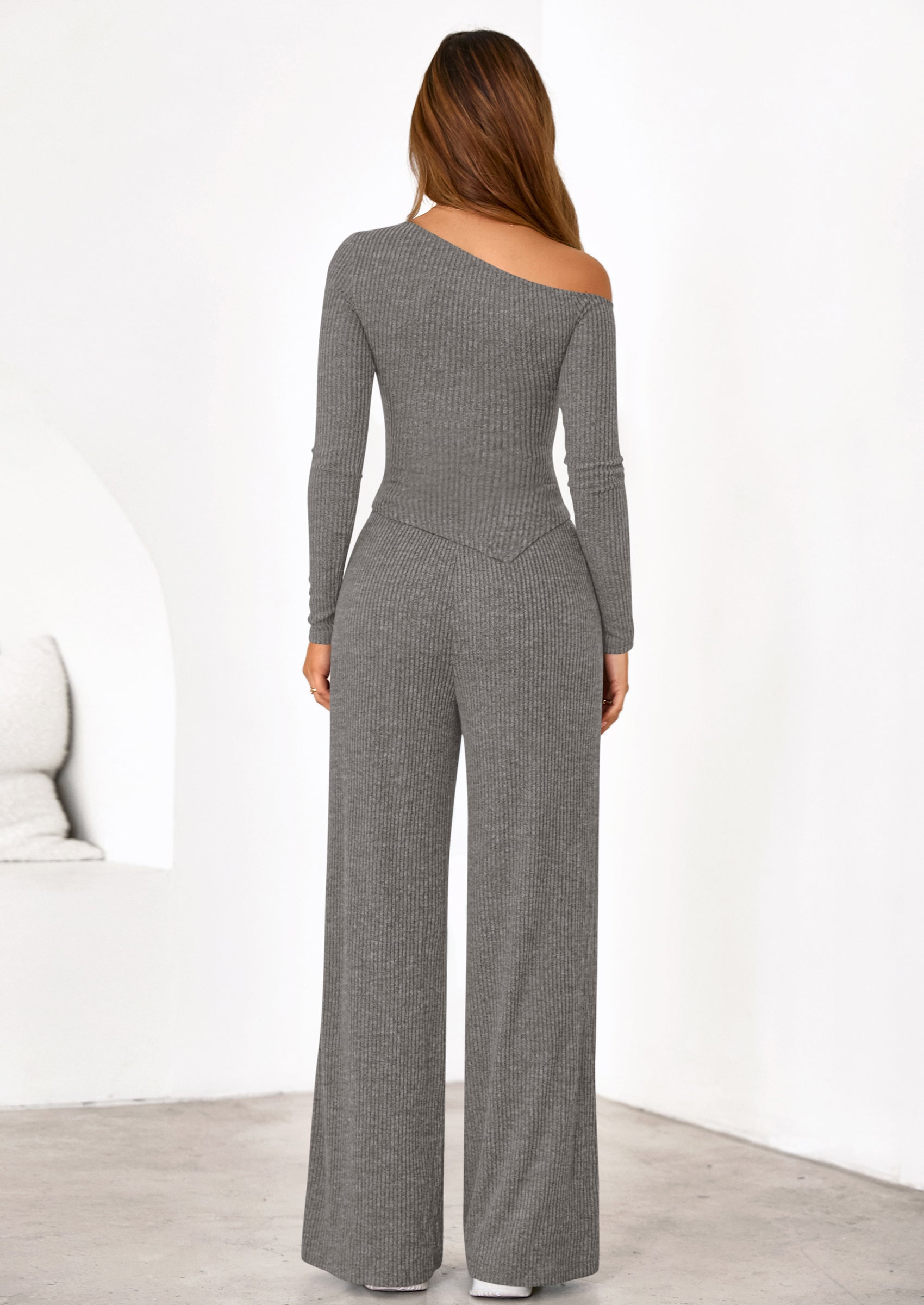 Casual Two Piece Sets for Women Fall Outfits Asymmetrical Off Shoulder Tops Wide Leg Pants Knit Lounge Set