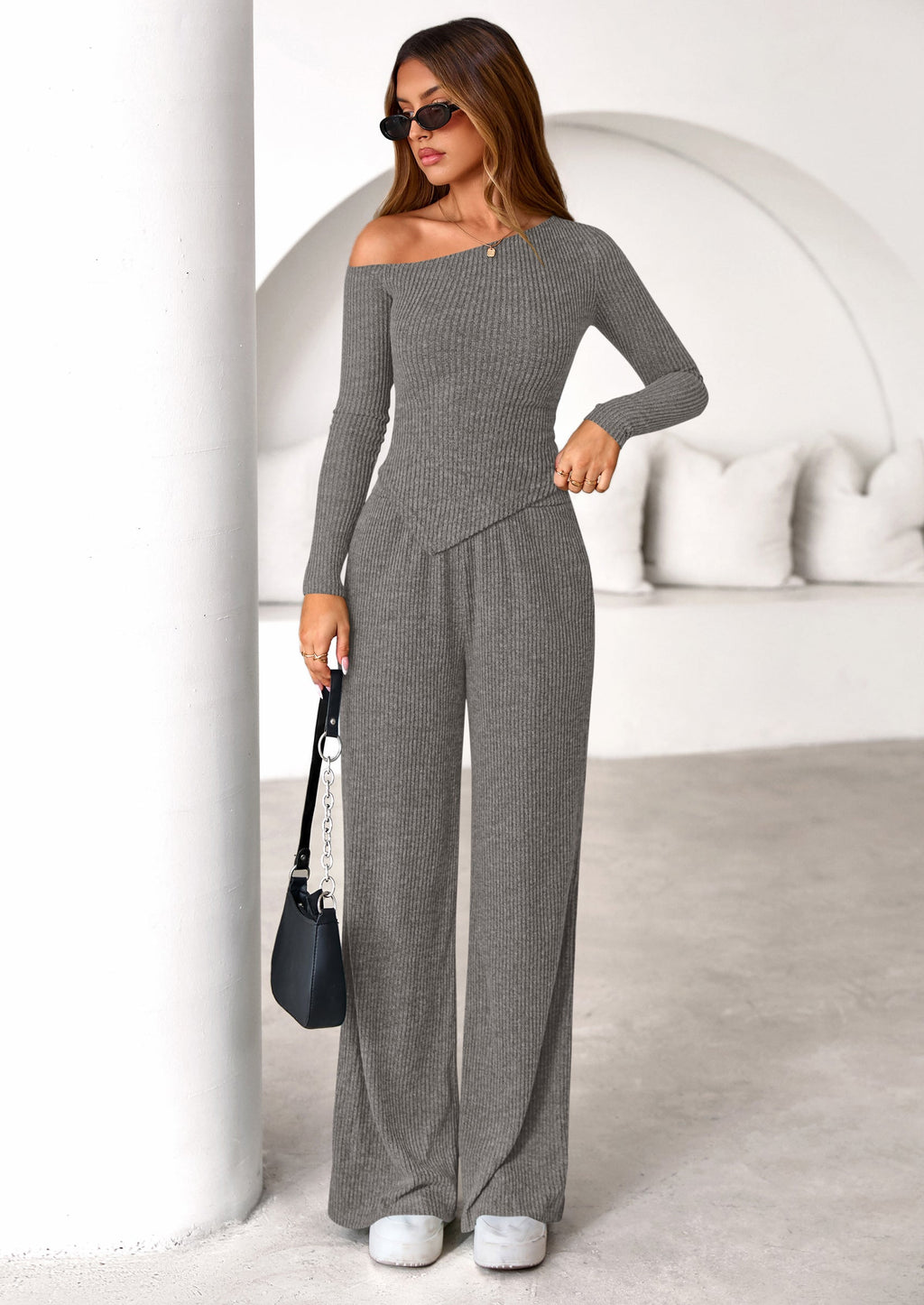 Casual Two Piece Sets for Women Fall Outfits Asymmetrical Off Shoulder Tops Wide Leg Pants Knit Lounge Set
