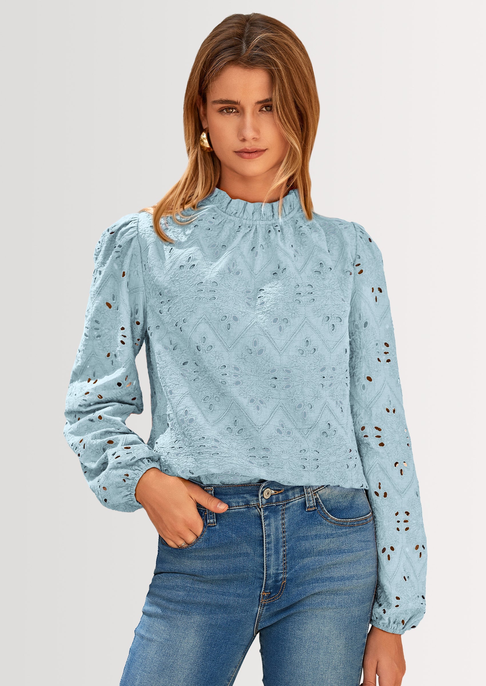 Womens Tops Dressy Casual Spring Long Sleeve Shirts Embroidered Eyelet Blouses Going Out Outfits