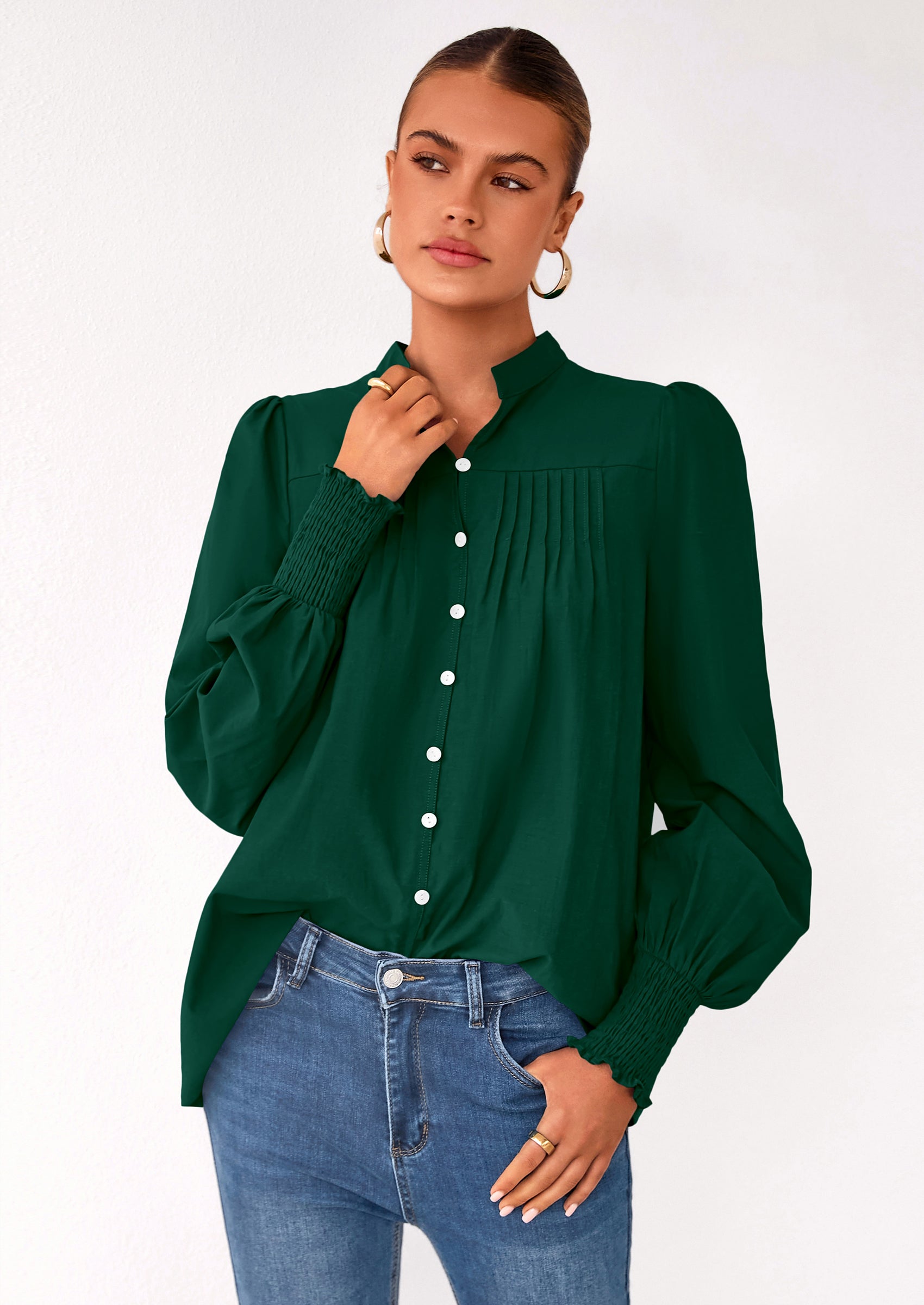 Womens Fall Lantern Long Sleeve Shirts Trendy Button V Neck Pleated Henley Tops Loose Work Blouses