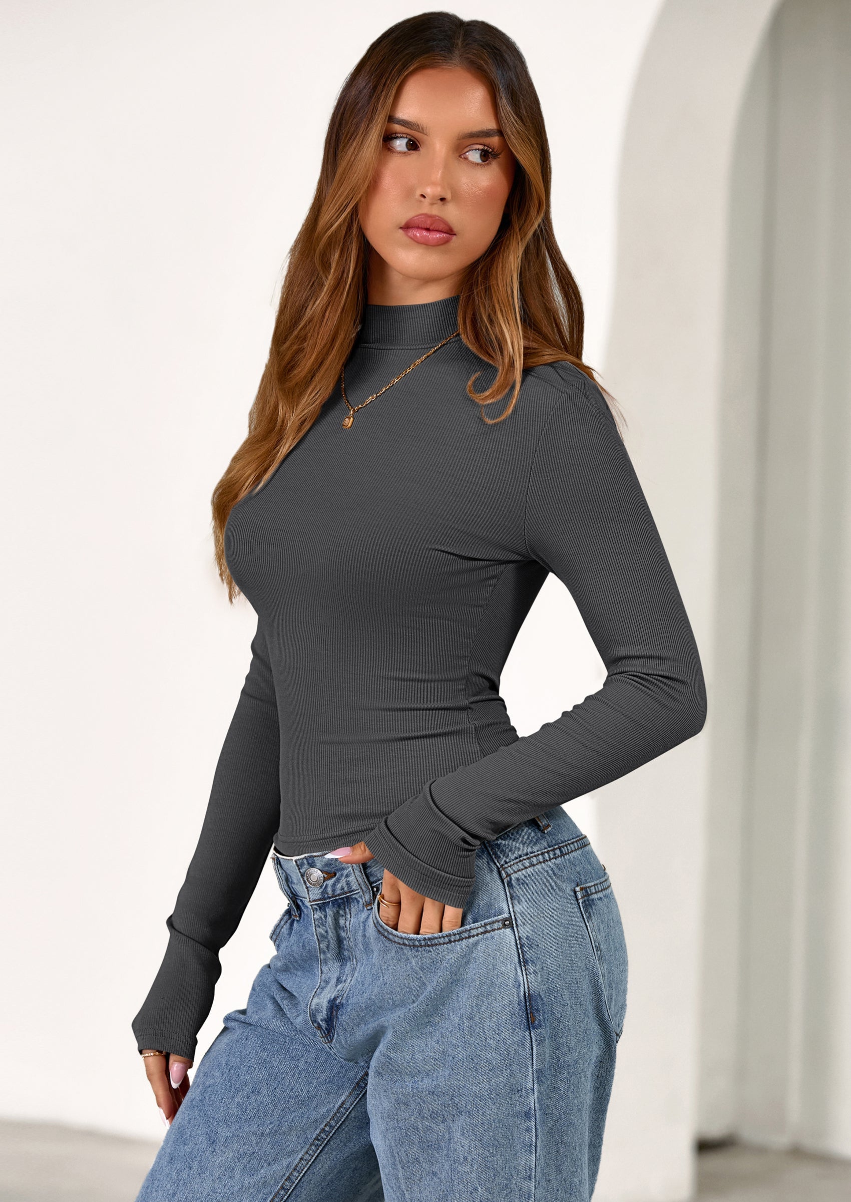 Women's Turtleneck Long Sleeve Shirts Fall Basic Tees Ribbed Fitted Tops Thermal Layering Knit Top Clothes