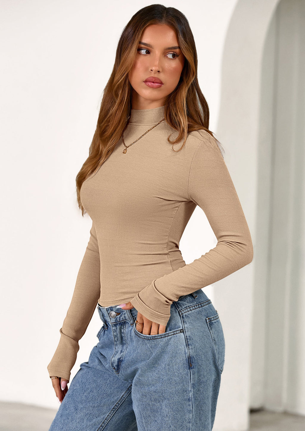 Women's Turtleneck Long Sleeve Shirts Fall Basic Tees Ribbed Fitted Tops Thermal Layering Knit Top Clothes