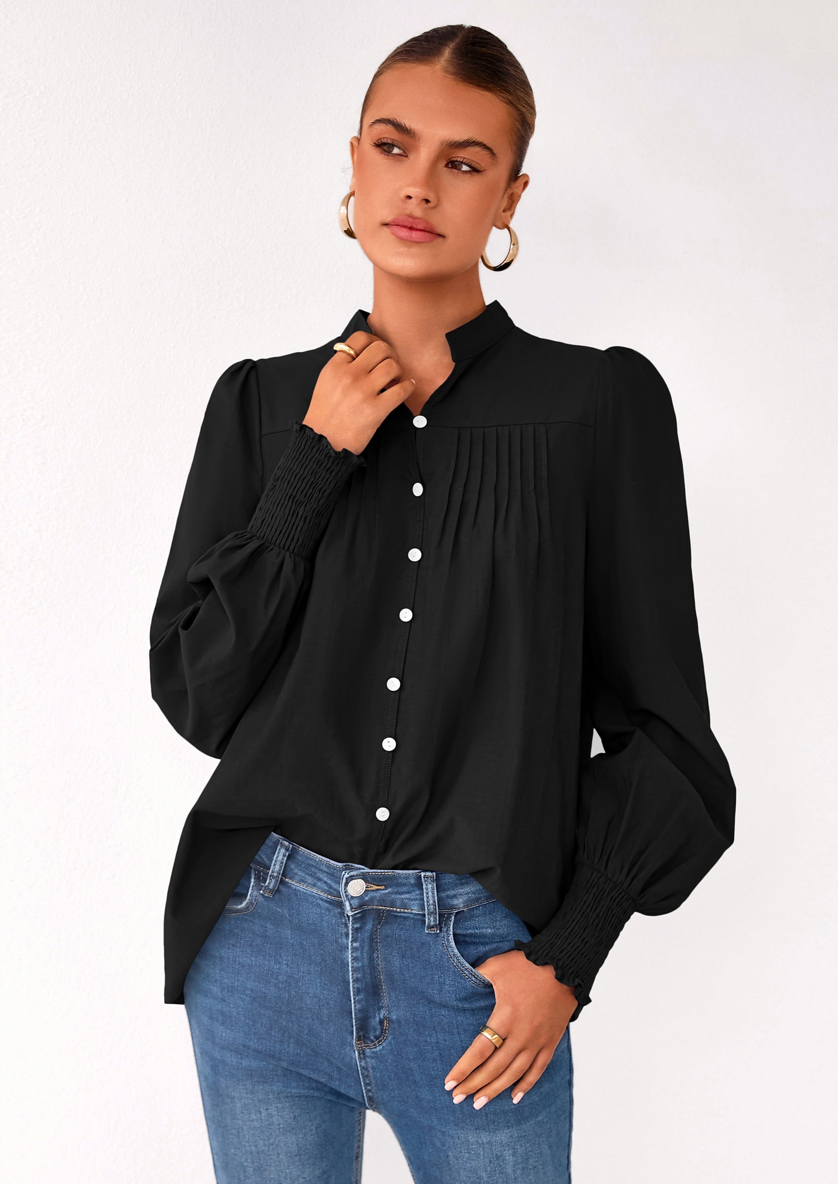 Womens Fall Lantern Long Sleeve Shirts Trendy Button V Neck Pleated Henley Tops Loose Work Blouses
