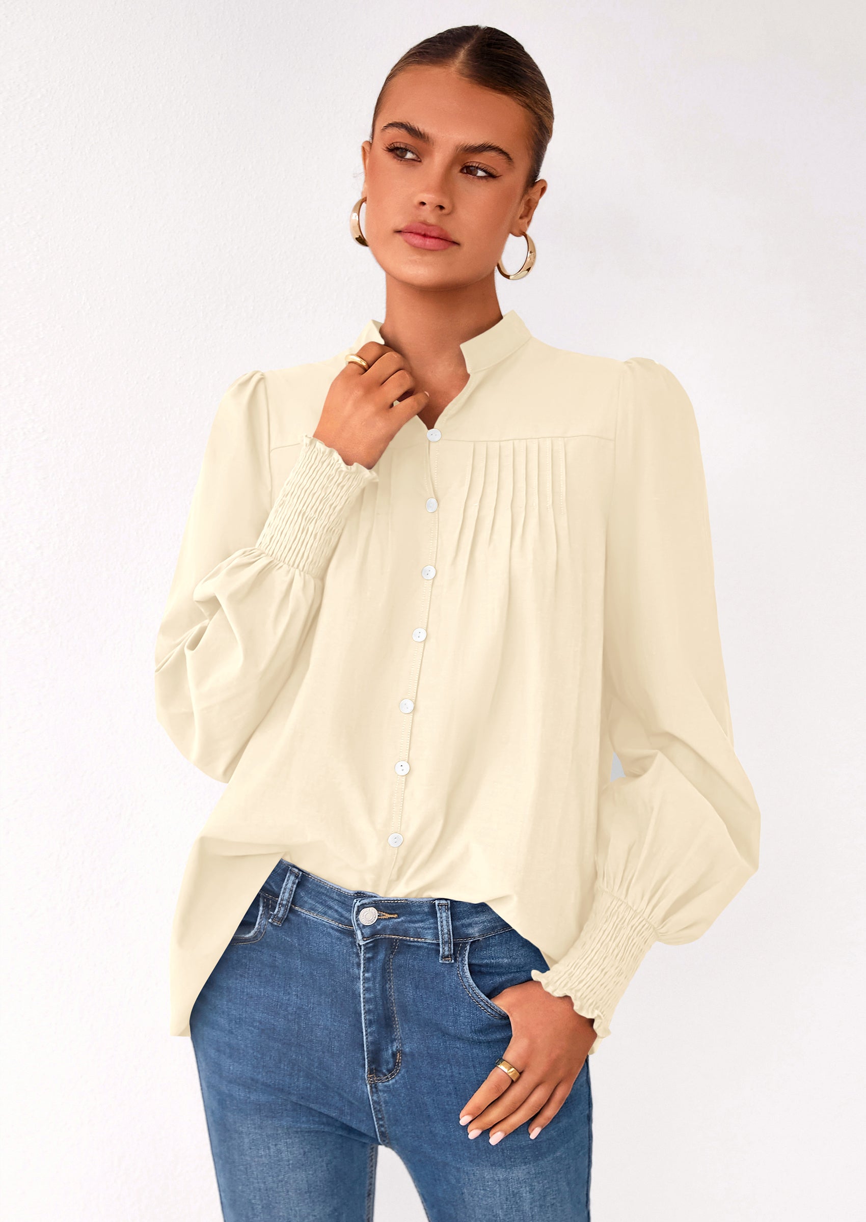 Womens Fall Lantern Long Sleeve Shirts Trendy Button V Neck Pleated Henley Tops Loose Work Blouses