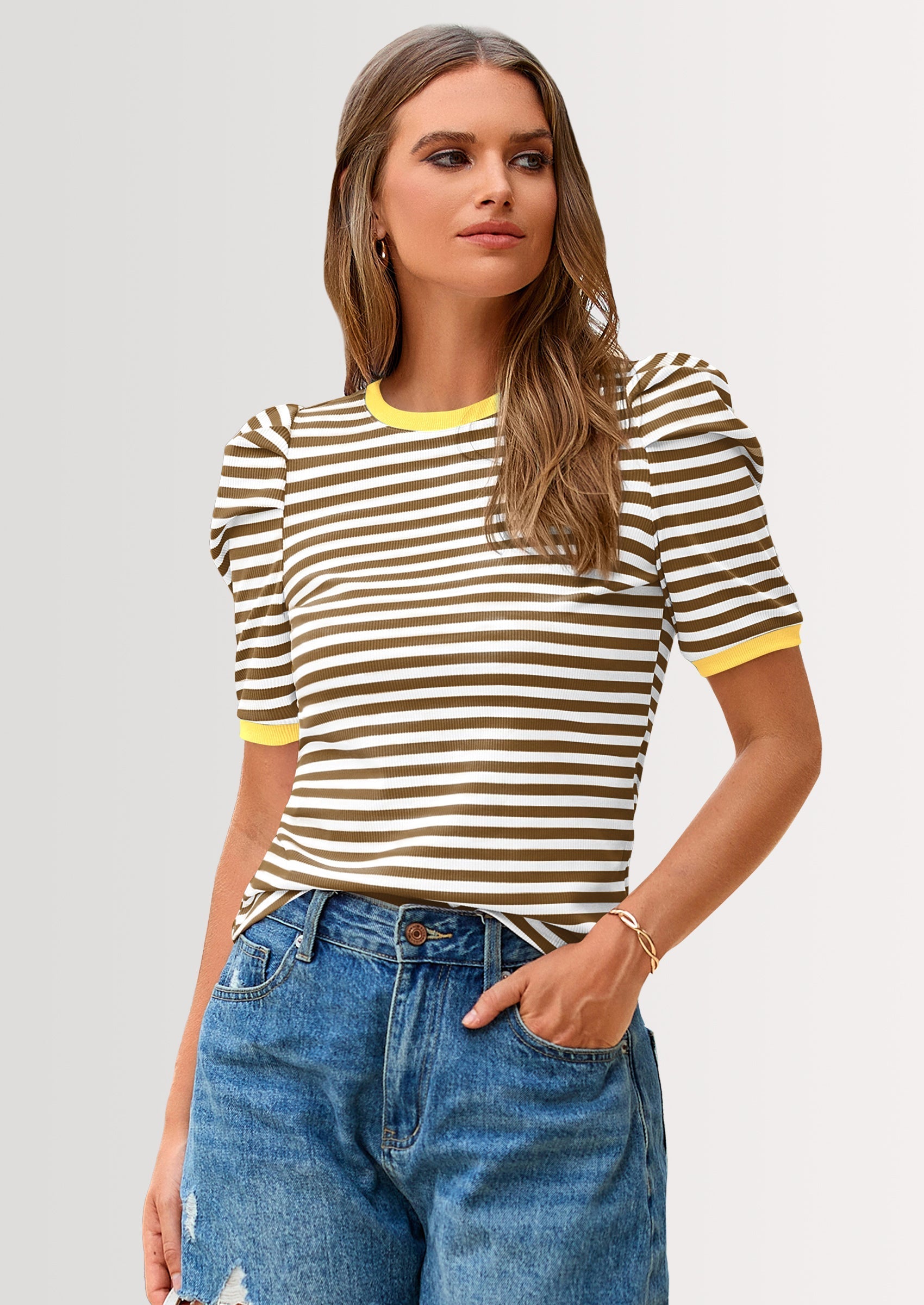 Women's Summer Puff Sleeve Tops Casual Ribbed Knit Crop Top Color Block Trendy Crewneck Striped Shirts