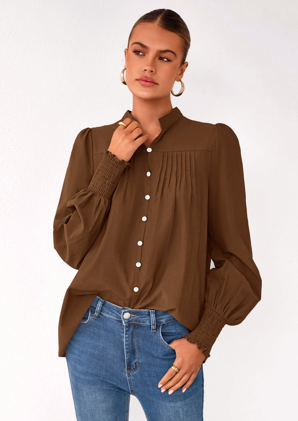 Womens Fall Lantern Long Sleeve Shirts Trendy Button V Neck Pleated Henley Tops Loose Work Blouses