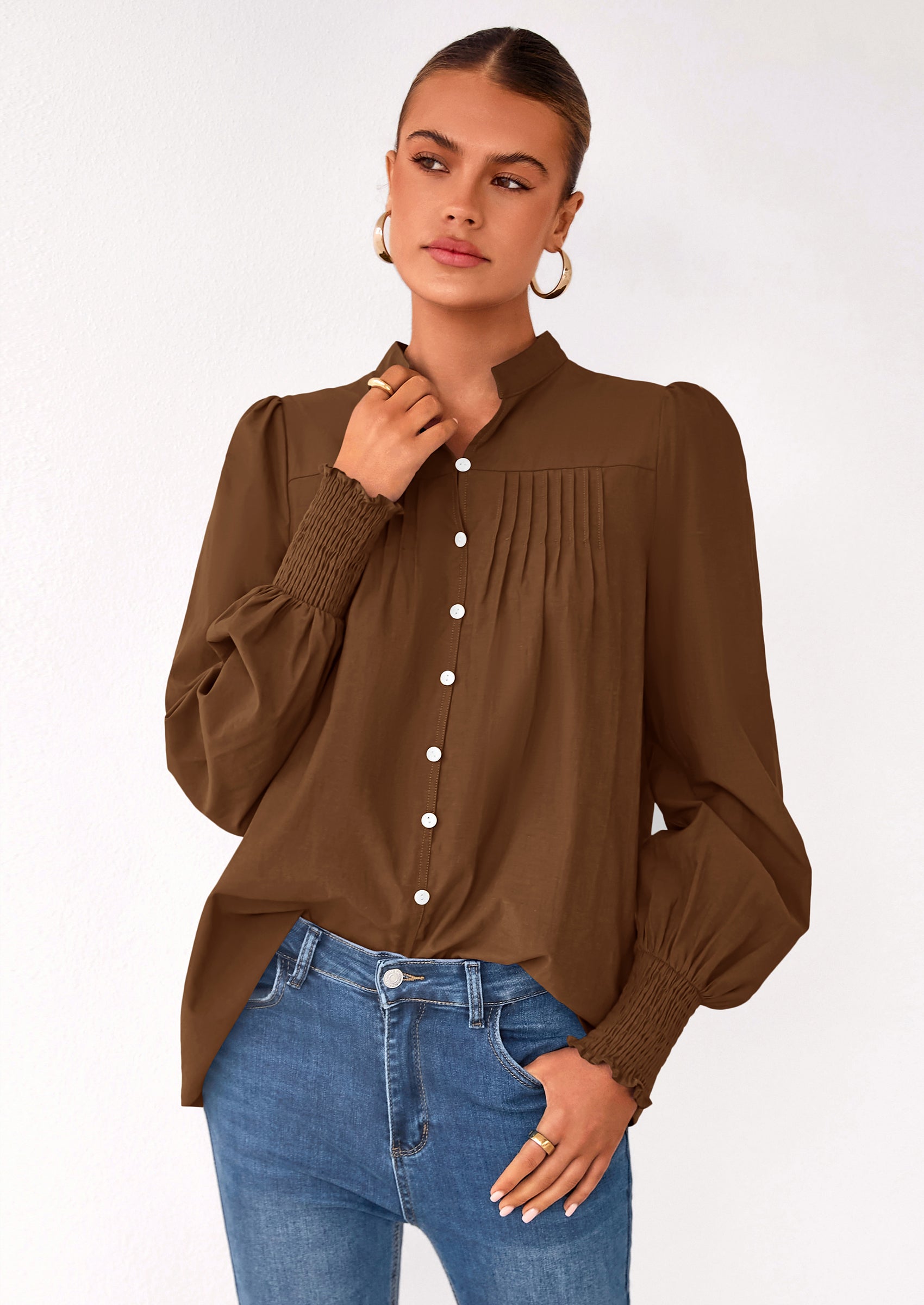 Womens Fall Lantern Long Sleeve Shirts Trendy Button V Neck Pleated Henley Tops Loose Work Blouses