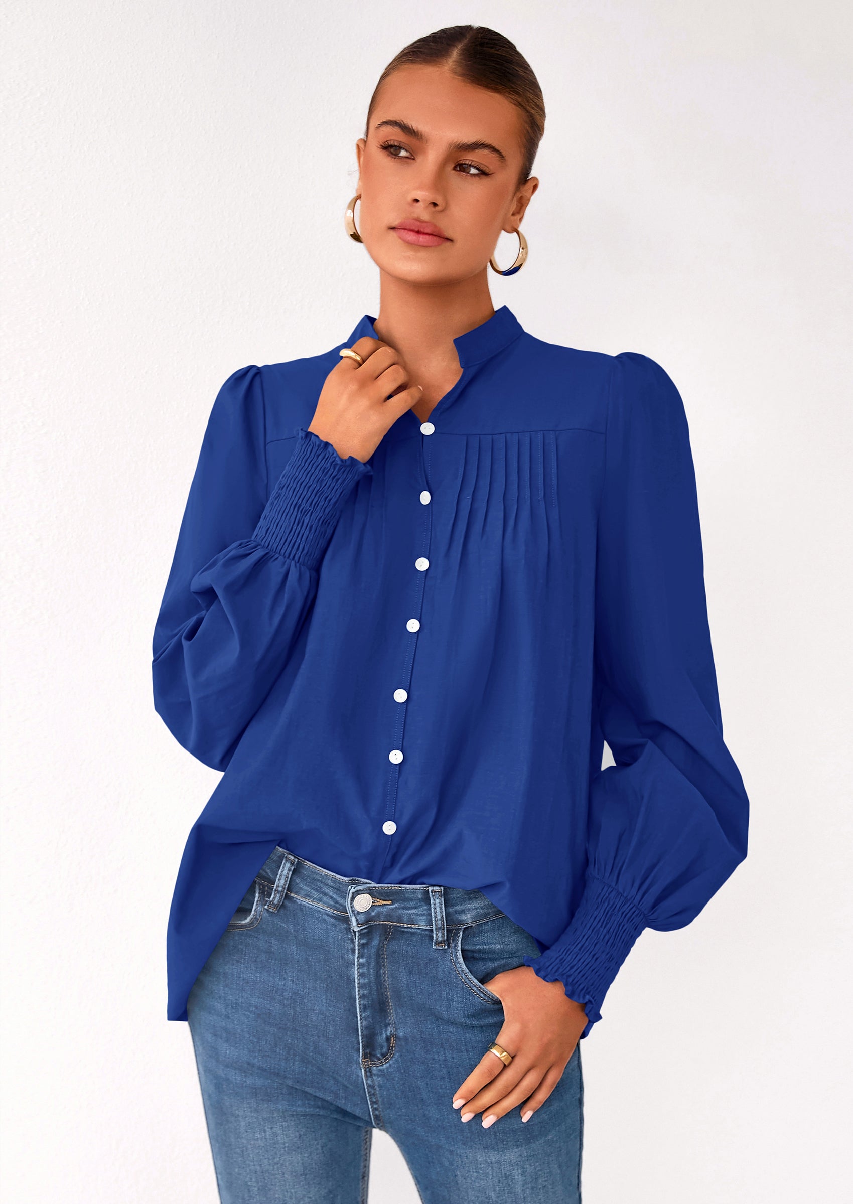 Womens Fall Lantern Long Sleeve Shirts Trendy Button V Neck Pleated Henley Tops Loose Work Blouses