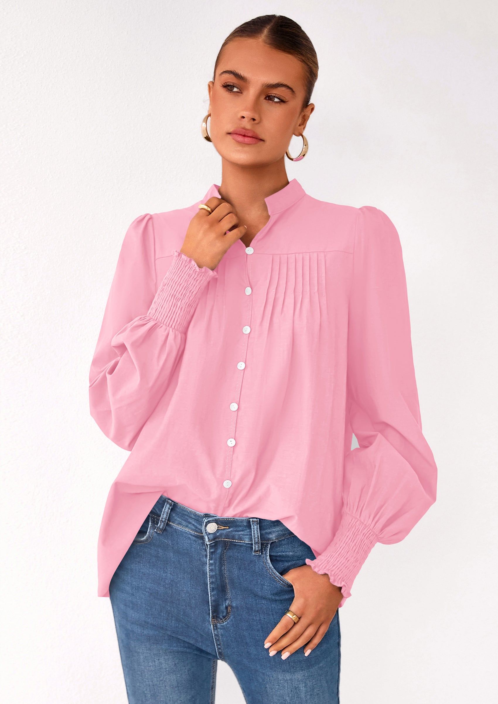 Womens Fall Lantern Long Sleeve Shirts Trendy Button V Neck Pleated Henley Tops Loose Work Blouses