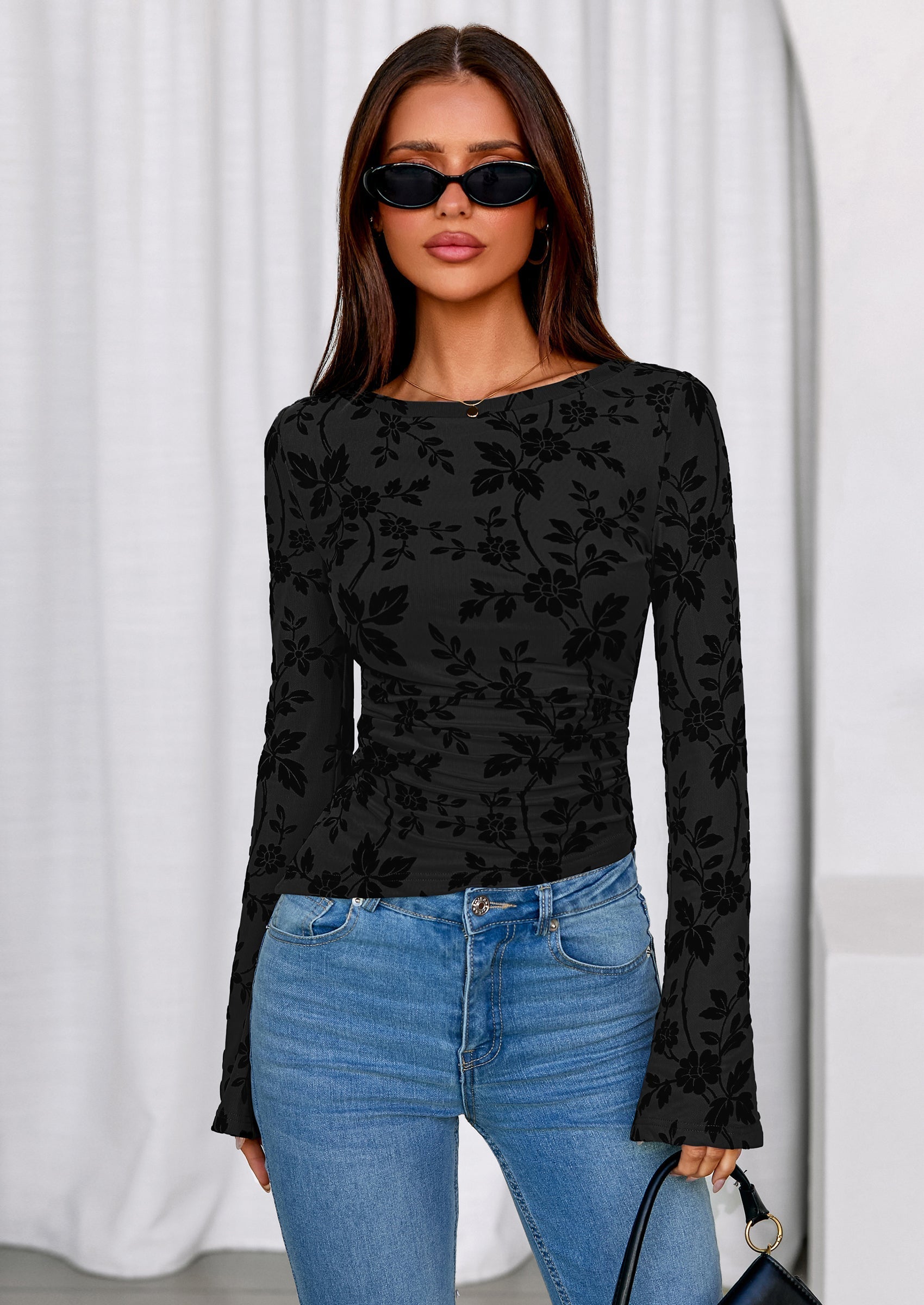 Women Long Sleeve Floral Mesh Tops Blouse  Fall Trendy Boat Neck Ruched Fitted Shirt Going Out Date Outfits