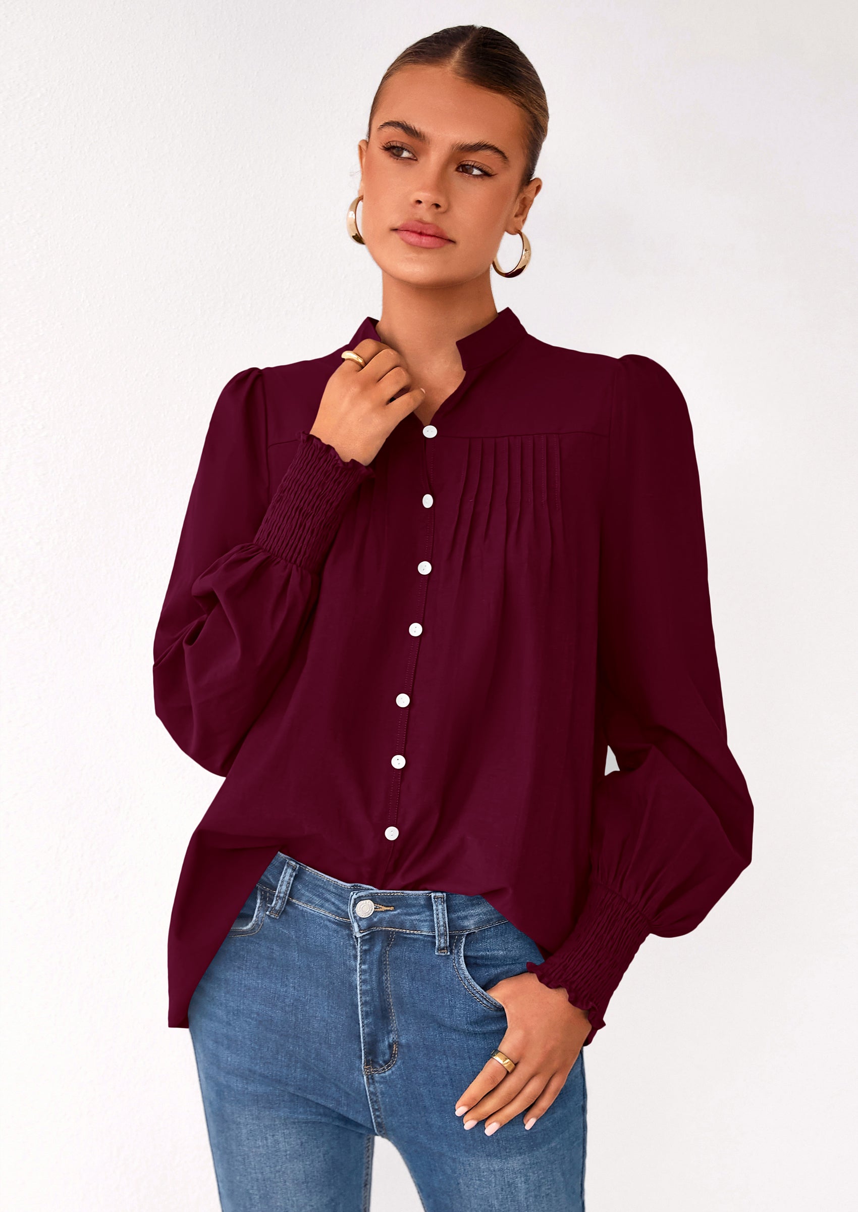 Womens Fall Lantern Long Sleeve Shirts Trendy Button V Neck Pleated Henley Tops Loose Work Blouses