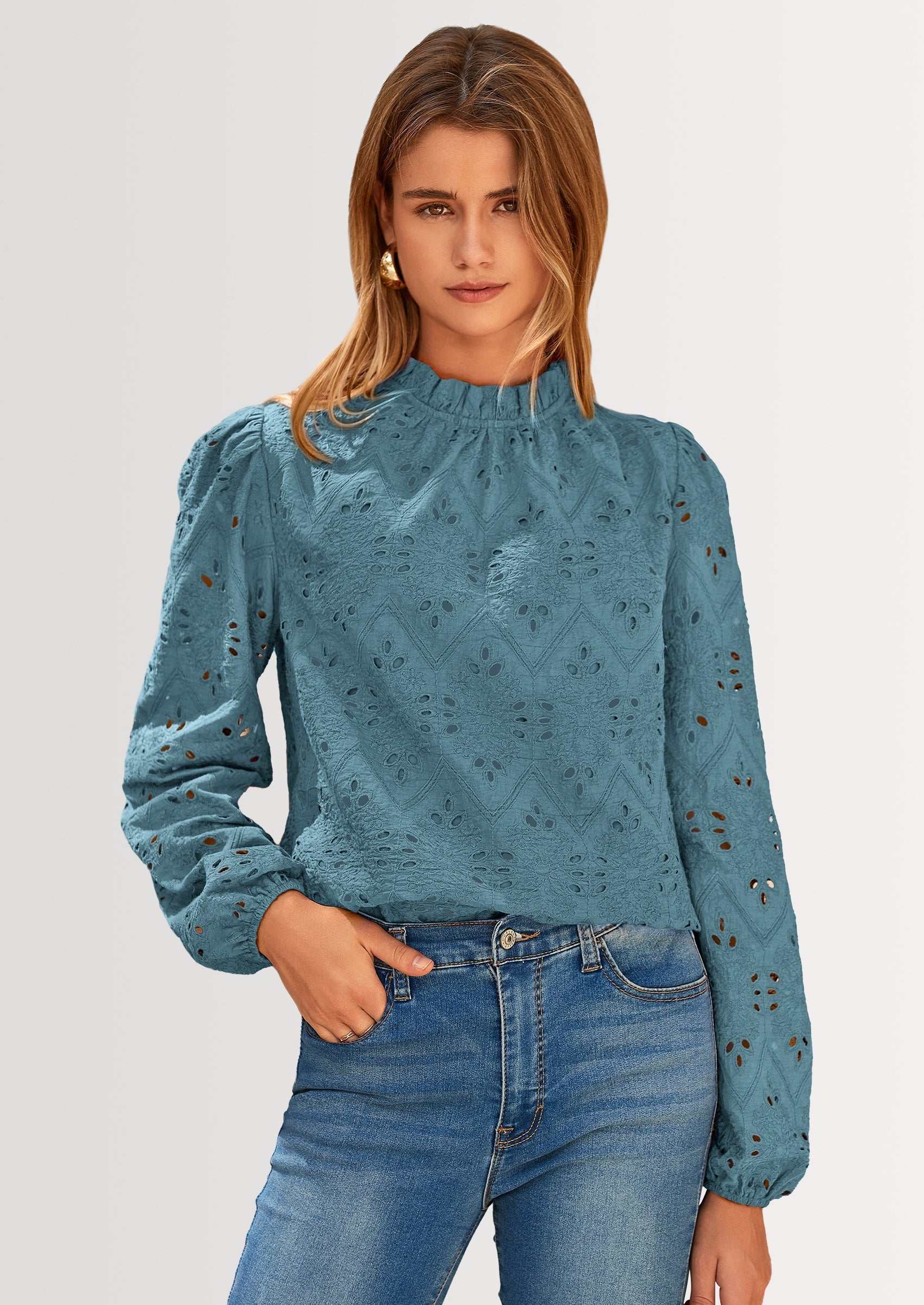 Womens Tops Dressy Casual Spring Long Sleeve Shirts Embroidered Eyelet Blouses Going Out Outfits