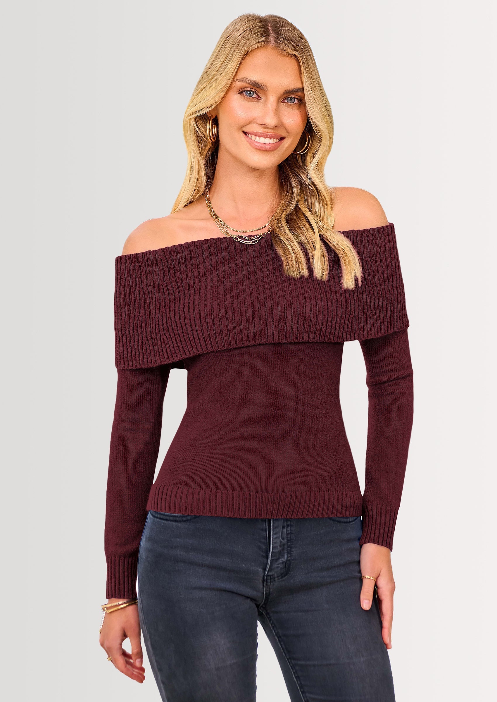 Women's Fall Off Shoulder Sweaters Y2K Long Sleeve Ribbed Knit Fitted Pullover Winter Date Night Tops Blouse