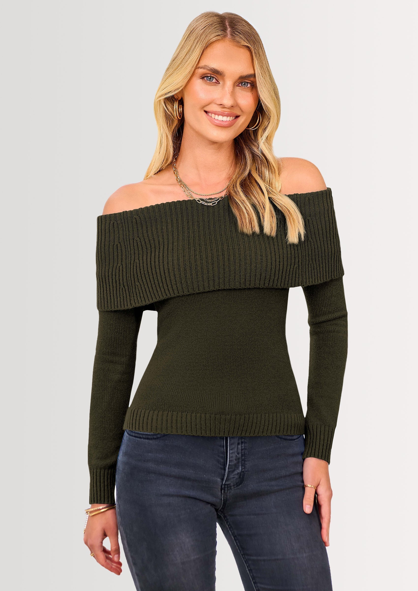 Women's Fall Off Shoulder Sweaters Y2K Long Sleeve Ribbed Knit Fitted Pullover Winter Date Night Tops Blouse