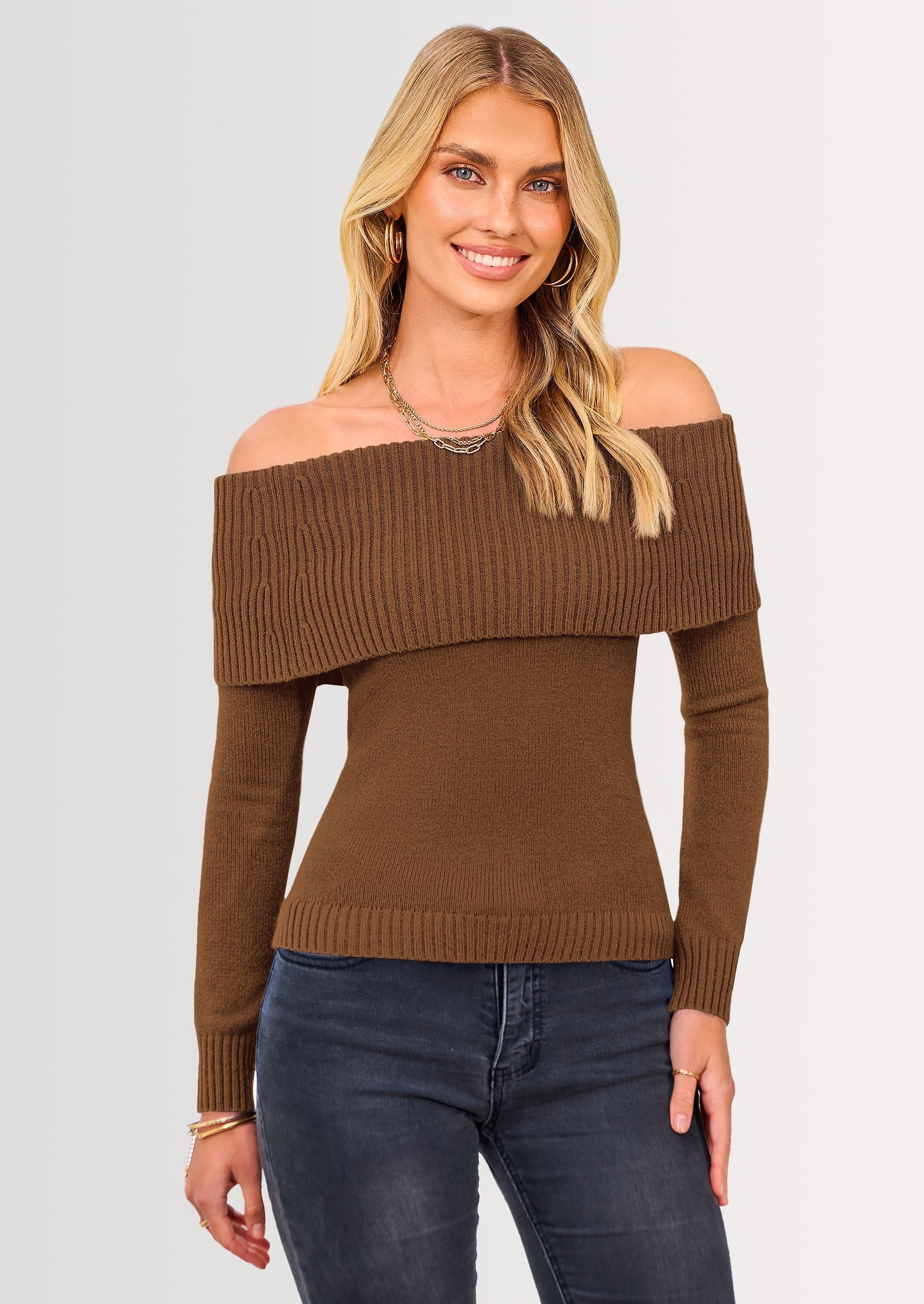 Women's Fall Off Shoulder Sweaters Y2K Long Sleeve Ribbed Knit Fitted Pullover Winter Date Night Tops Blouse