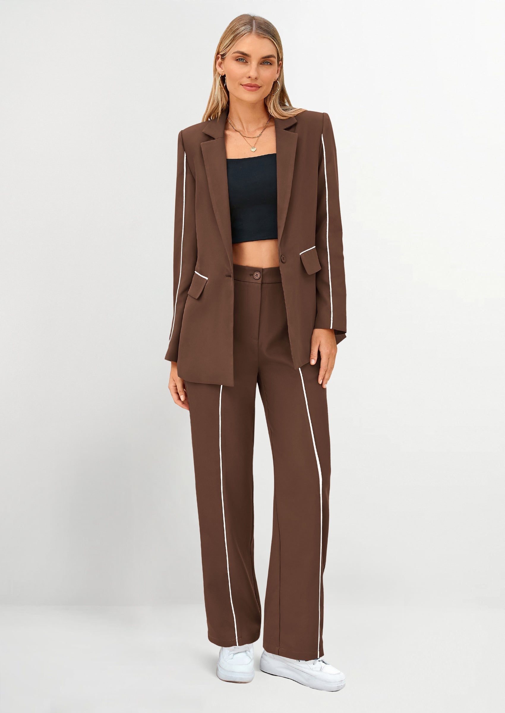 2 Piece Blazer Outfits Business Casual Oversized Jacket Wide Leg Work Pants Dressy Suit Set