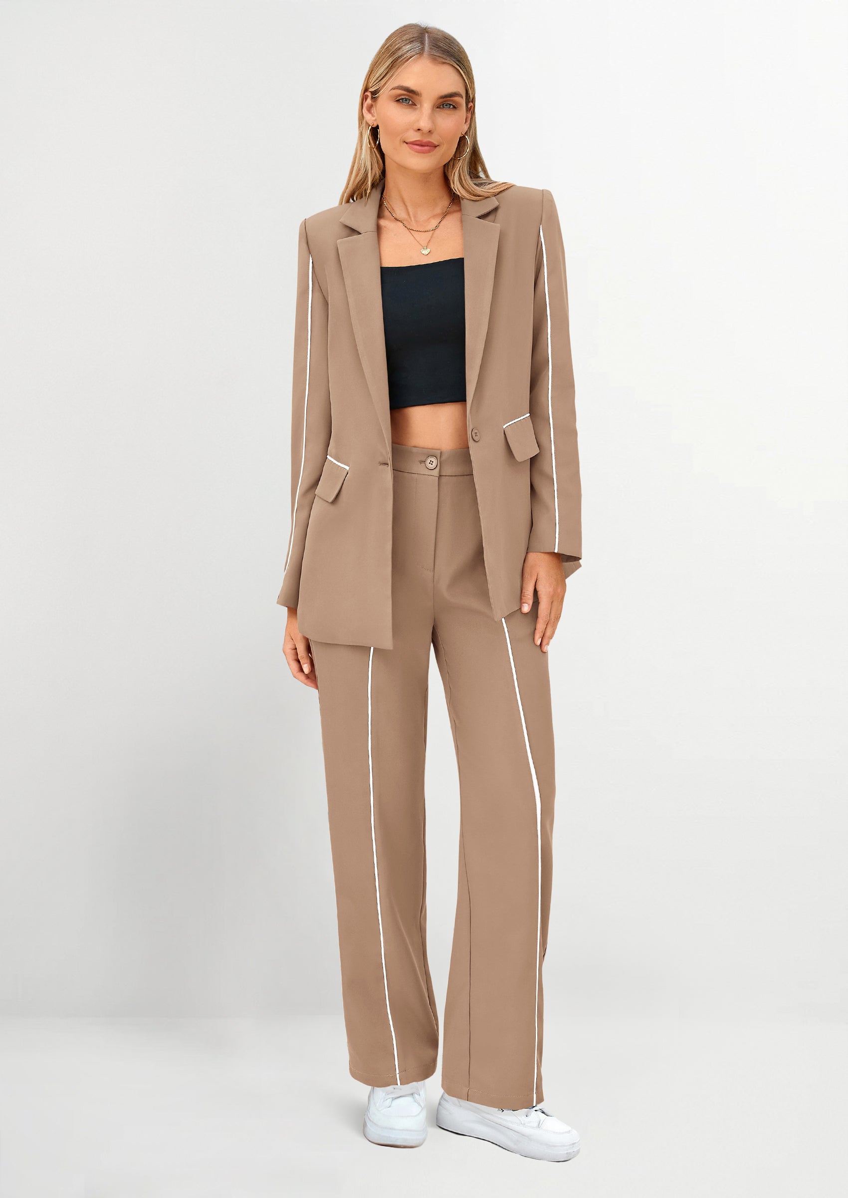 2 Piece Blazer Outfits Business Casual Oversized Jacket Wide Leg Work Pants Dressy Suit Set