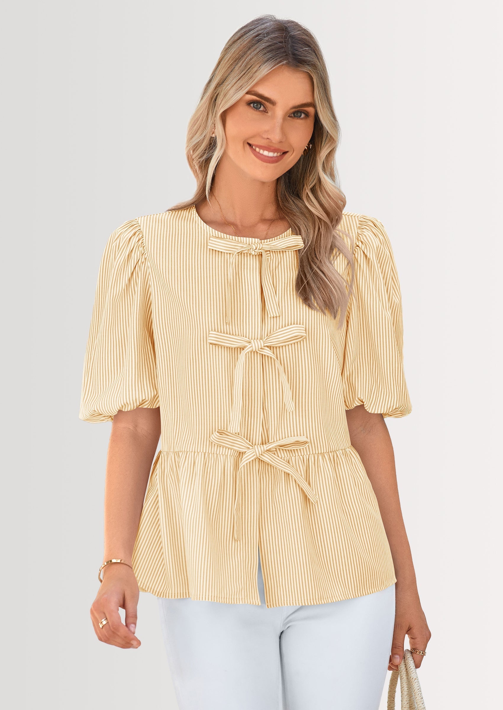 Women's Tie Front Striped Shirt Summer Trendy Fashion Cute Babydoll Tops Peplum Puffy Sleeve Blouse