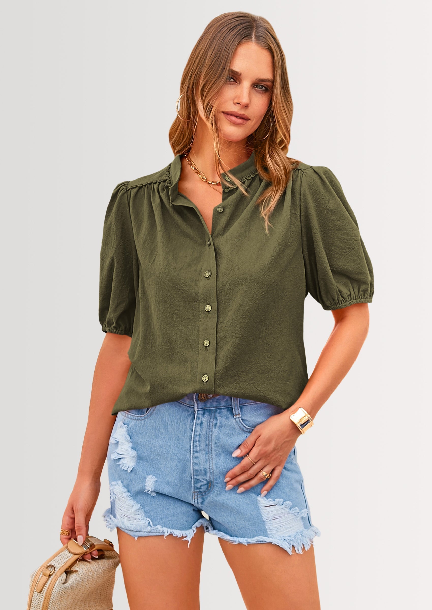 Women's Summer Tops Button Down Shirts Short Lantern Sleeve V Neck Cotton Cute Dressy Casual Blouses