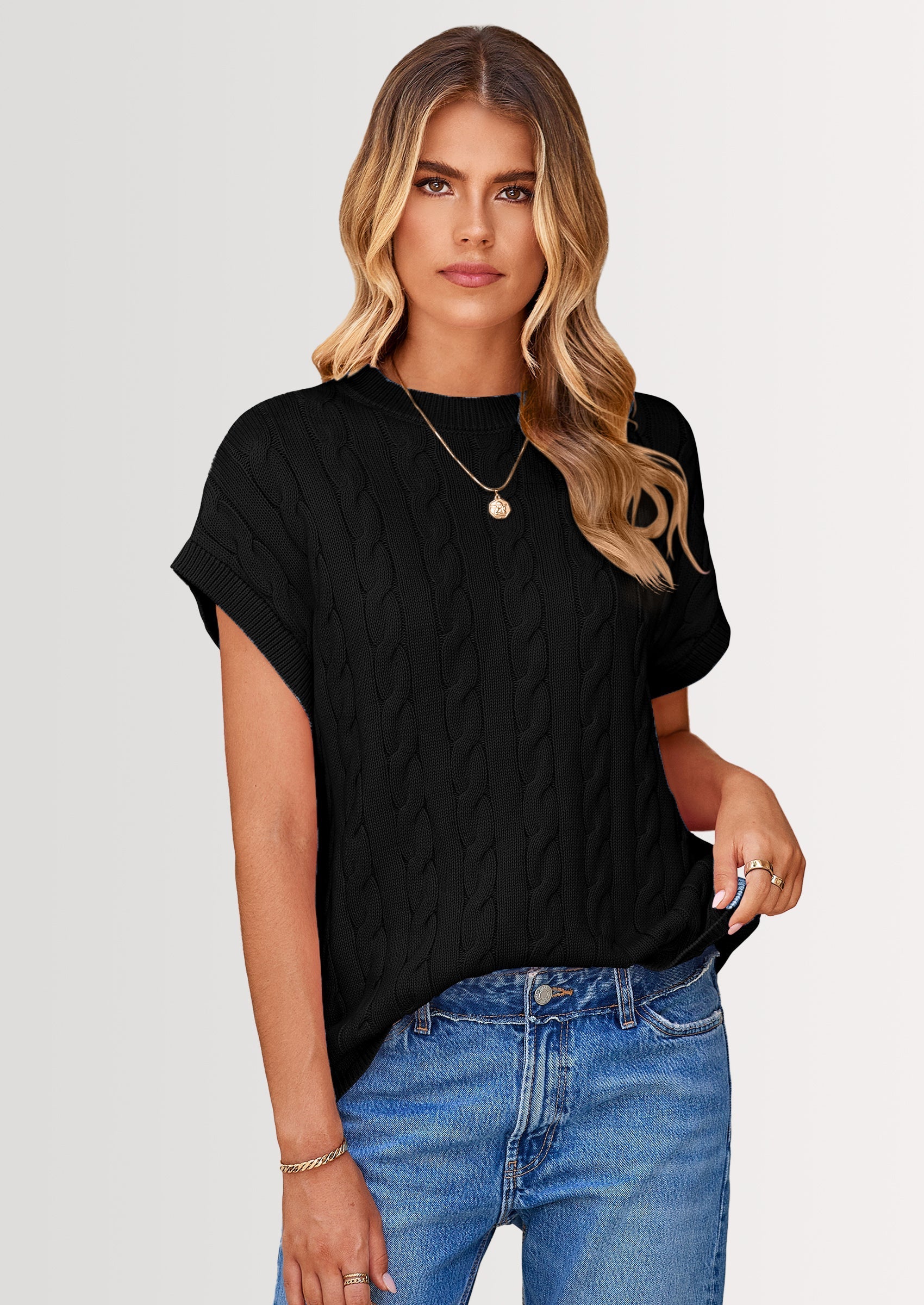 Women's Sweater Vest Summer Short Sleeve Tops Casual Crewneck Knit Oversized Pullover Trendy Spring Outfits