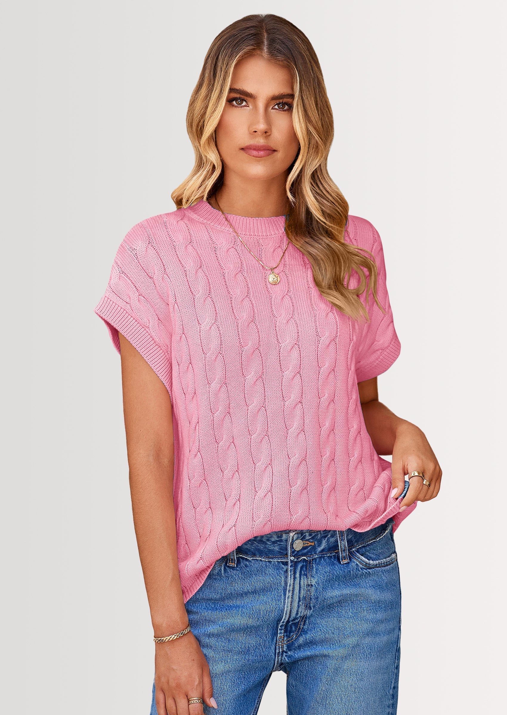 Women's Sweater Vest Summer Short Sleeve Tops Casual Crewneck Knit Oversized Pullover Trendy Spring Outfits