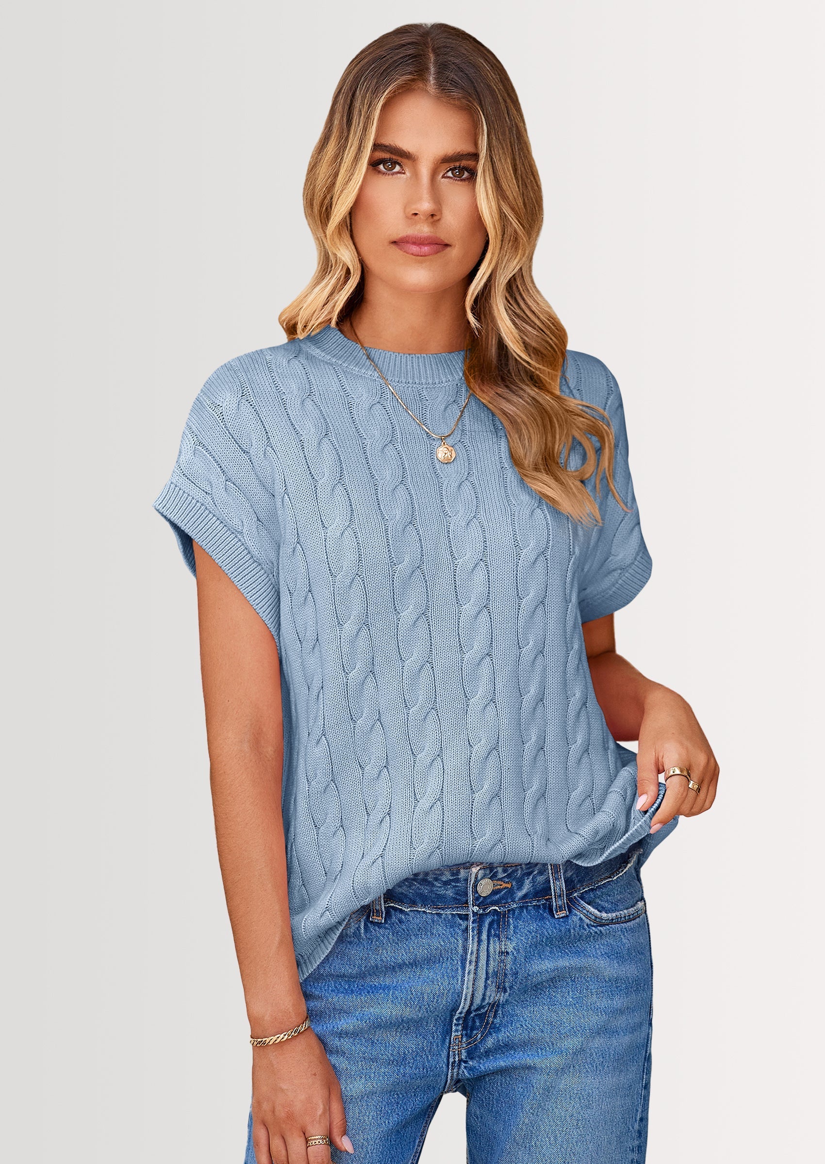 Women's Sweater Vest Summer Short Sleeve Tops Casual Crewneck Knit Oversized Pullover Trendy Spring Outfits