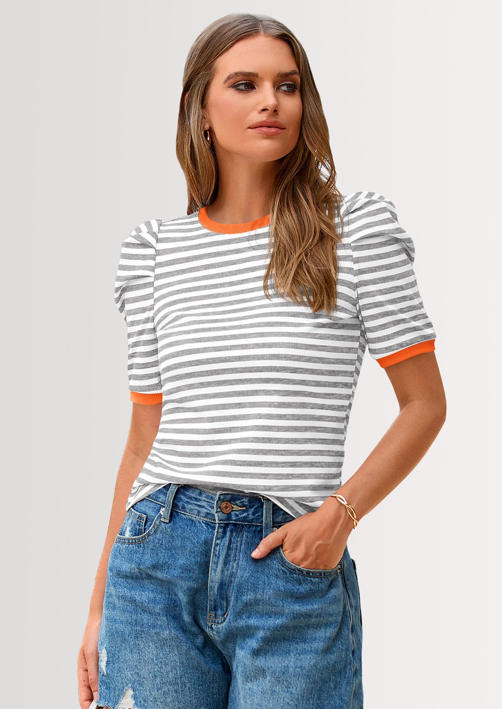Women's Summer Puff Sleeve Tops Casual Ribbed Knit Crop Top Color Block Trendy Crewneck Striped Shirts