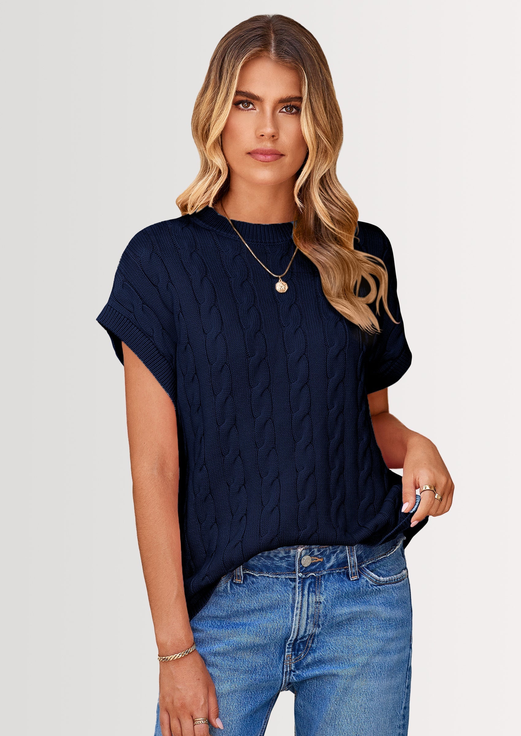 Women's Sweater Vest Summer Short Sleeve Tops Casual Crewneck Knit Oversized Pullover Trendy Spring Outfits