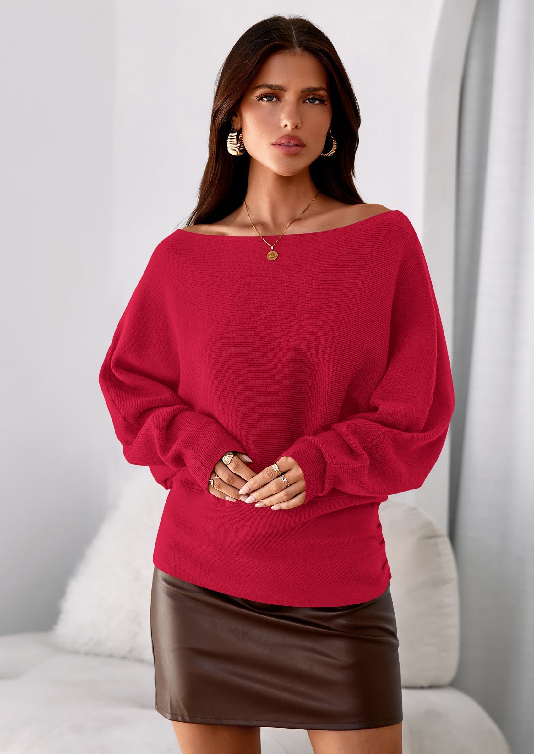 Women Off The Shoulder Sweater Fall Trendy Long Batwing Sleeve Knit Pullover Going Out Tops Winter Clothing