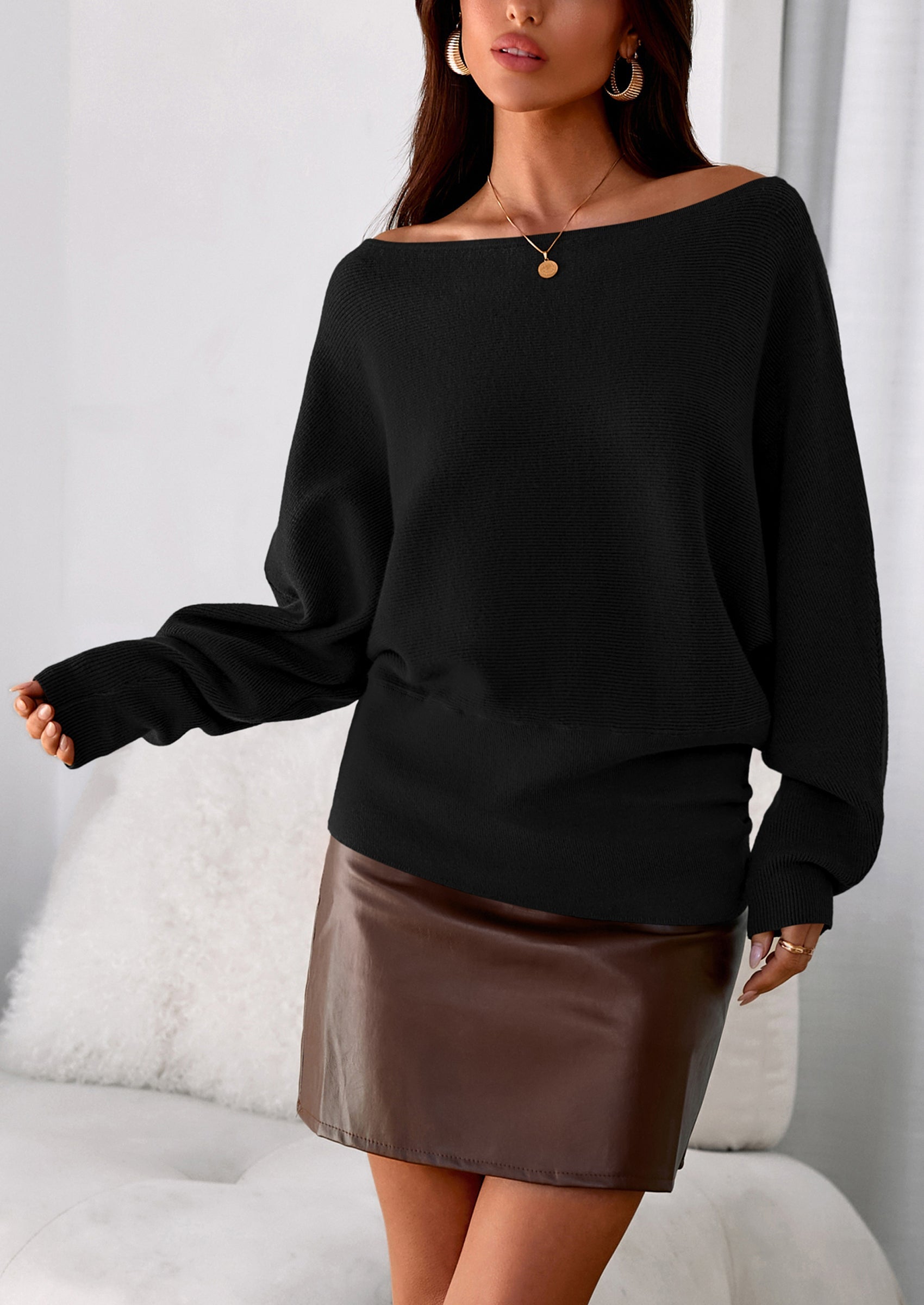 Women Off The Shoulder Sweater Fall Trendy Long Batwing Sleeve Knit Pullover Going Out Tops Winter Clothing
