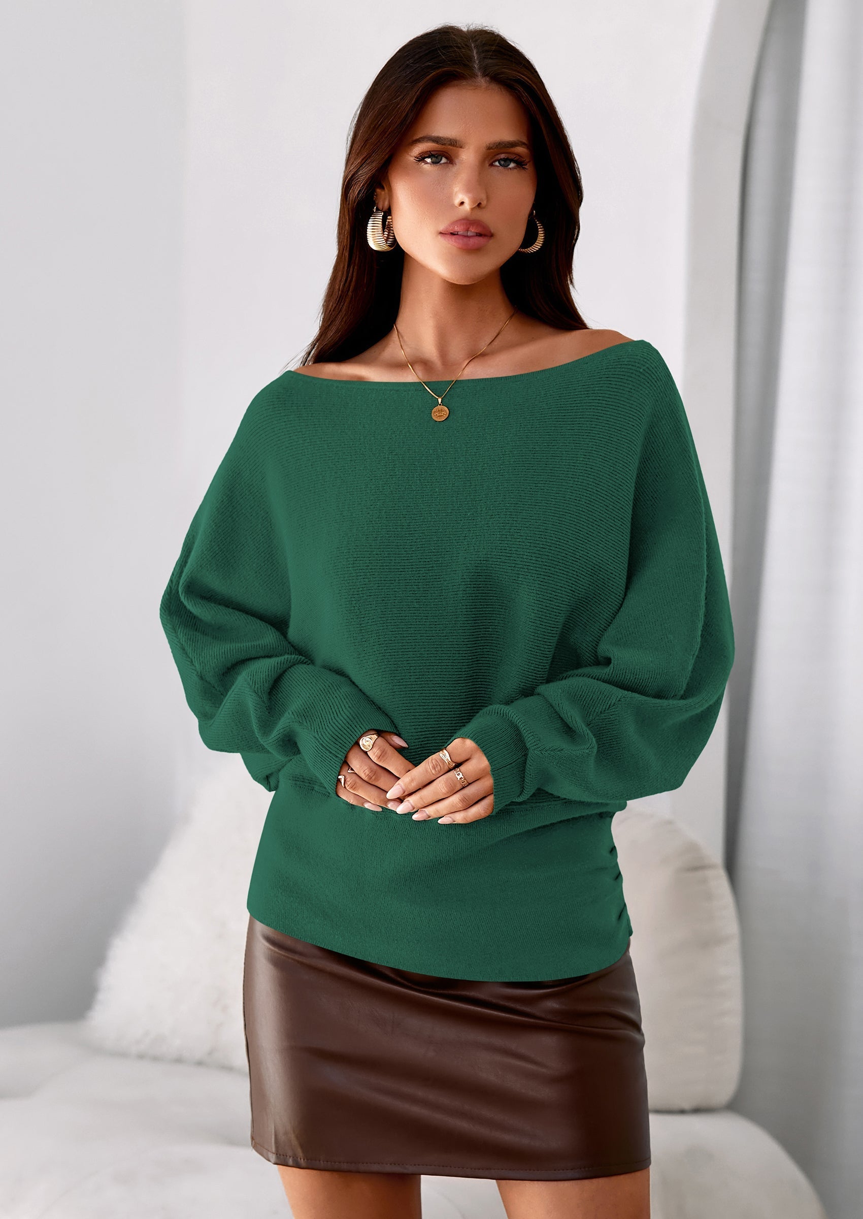 Women Off The Shoulder Sweater Fall Trendy Long Batwing Sleeve Knit Pullover Going Out Tops Winter Clothing