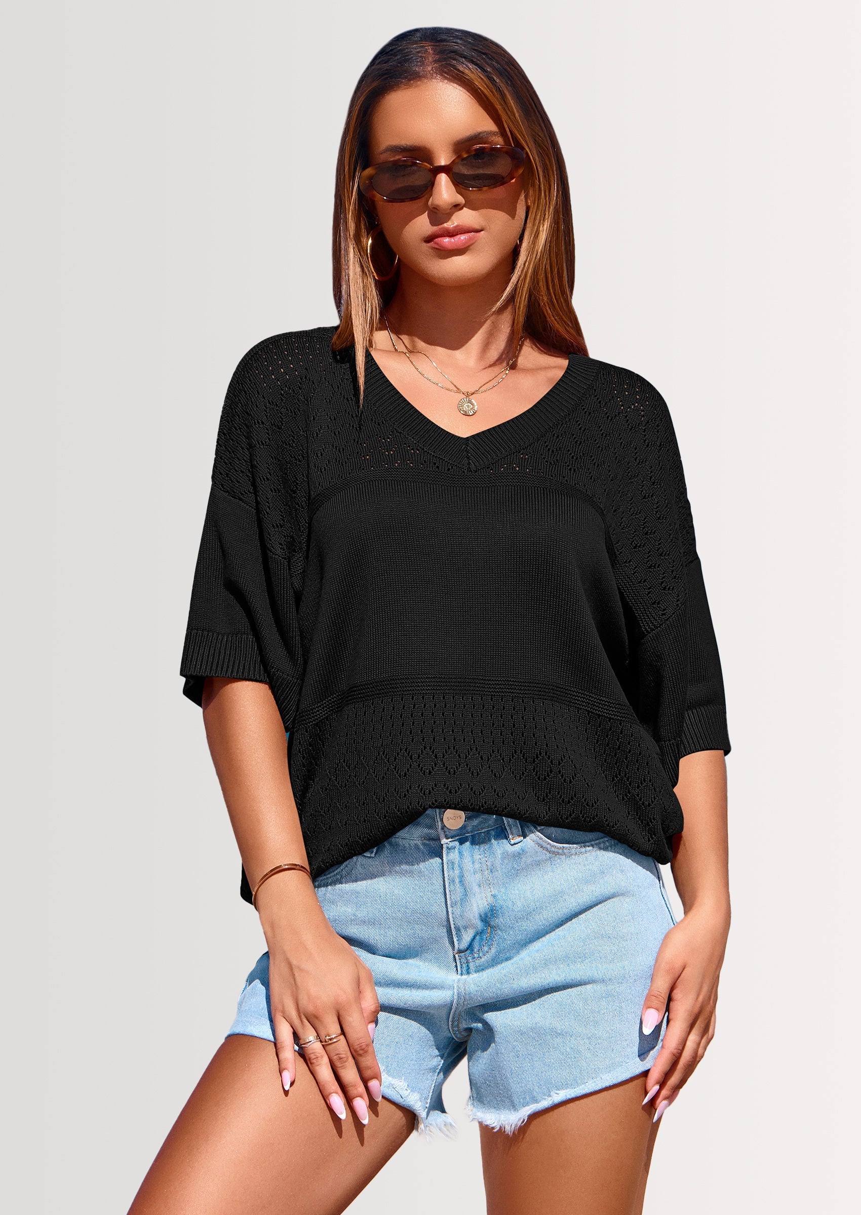 Women's Short Sleeve Sweater Tops Spring Summer Casual V Neck Ribbed Knit Trendy Eyelet Blouse T Shirts