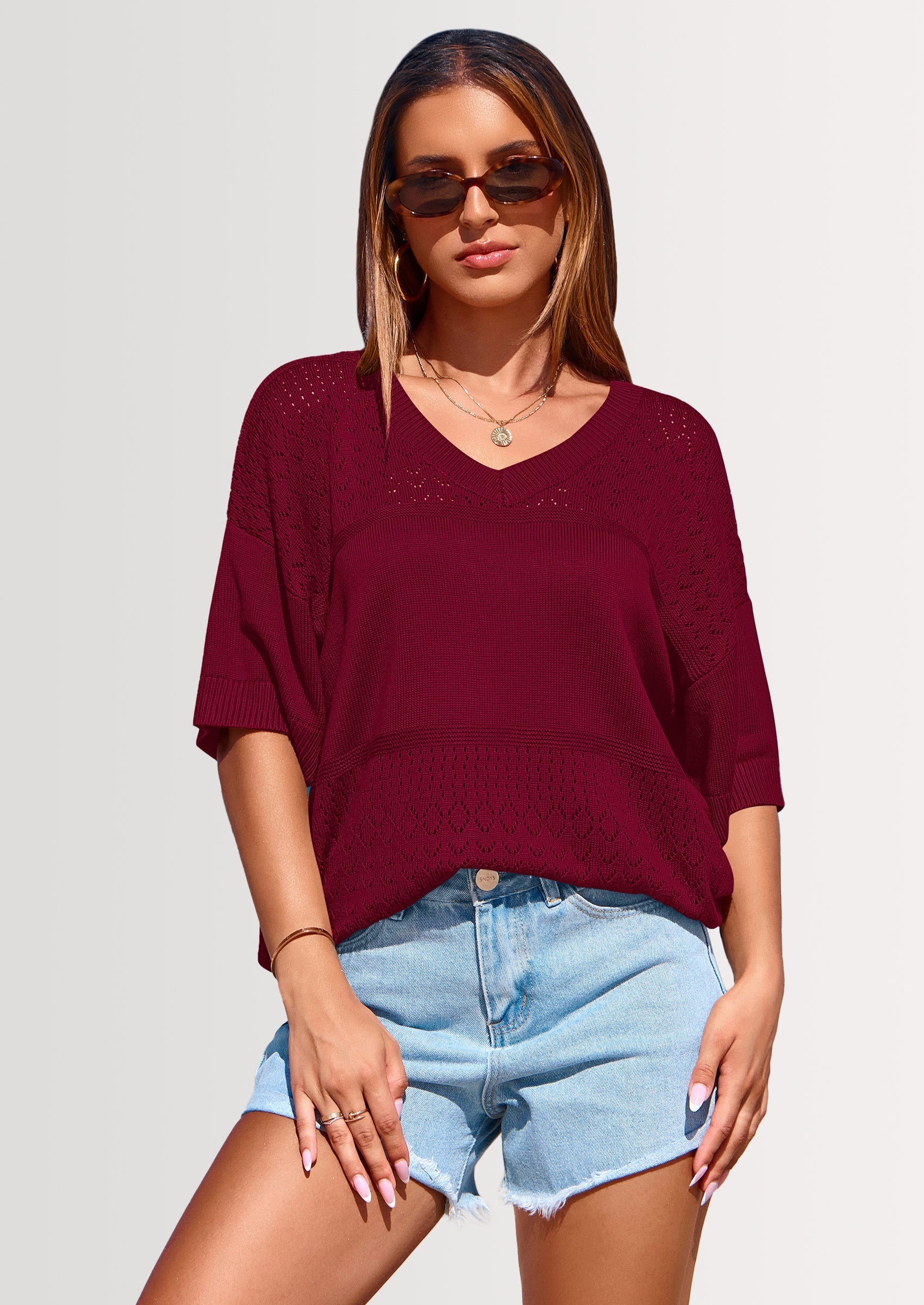 Women's Short Sleeve Sweater Tops Spring Summer Casual V Neck Ribbed Knit Trendy Eyelet Blouse T Shirts