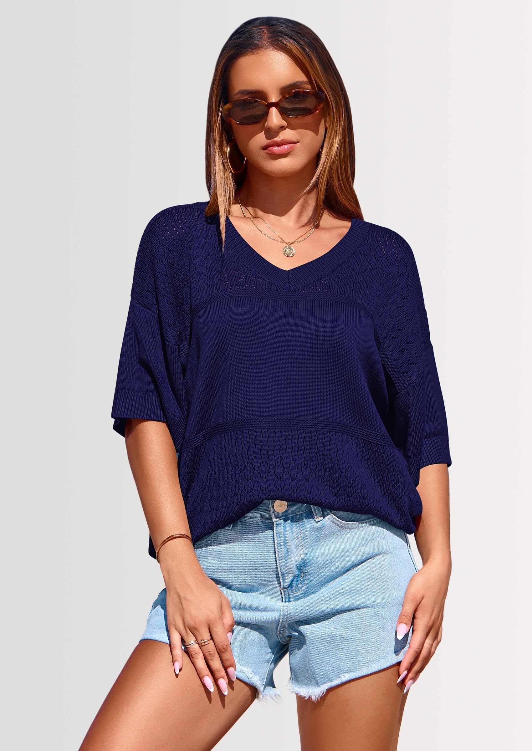 Women's Short Sleeve Sweater Tops Spring Summer Casual V Neck Ribbed Knit Trendy Eyelet Blouse T Shirts