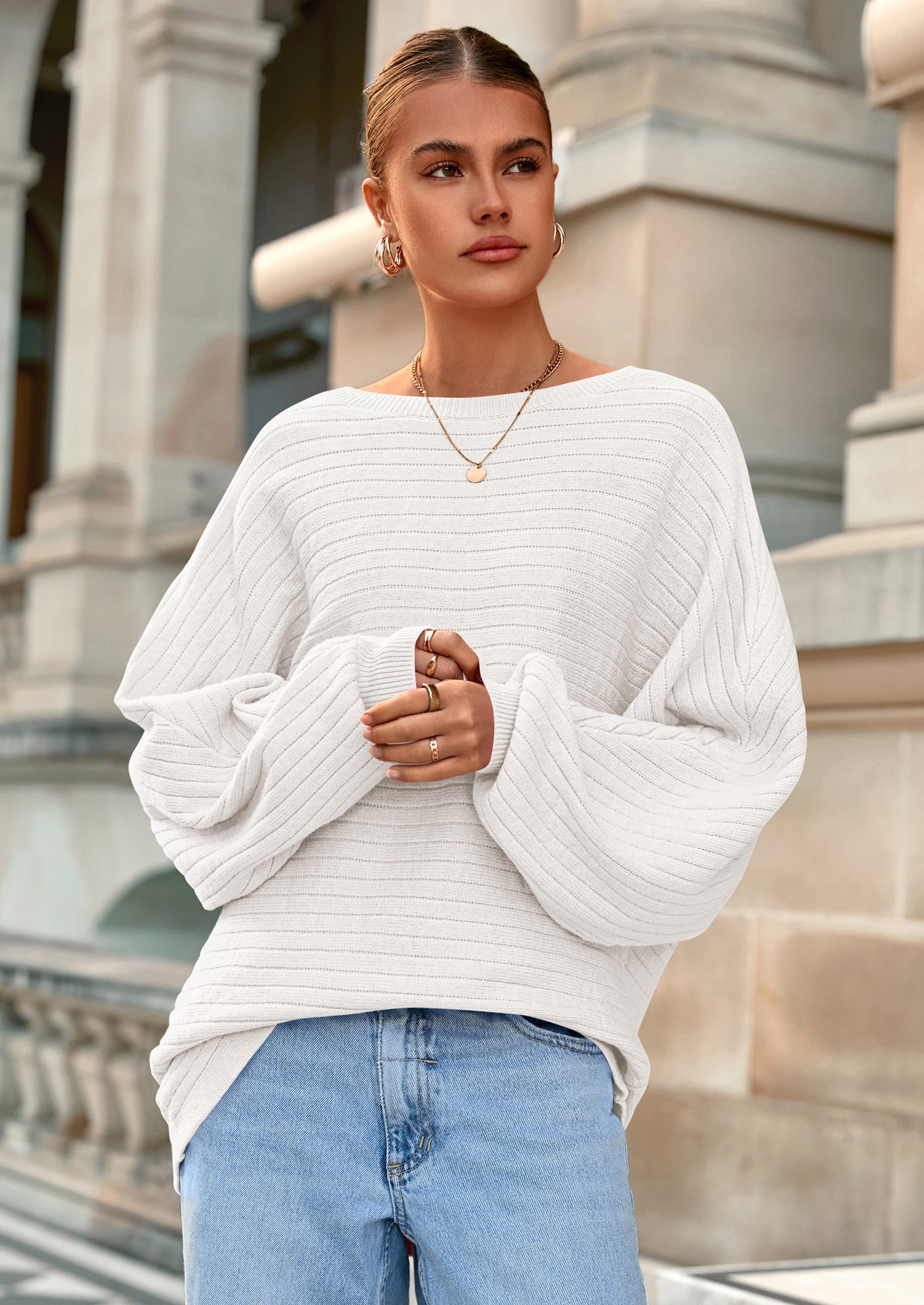 Fall Sweaters for Women Oversized Boat Neck Pullover Long Sleeve Knit Tops Cozy Winter Fashion Clothing