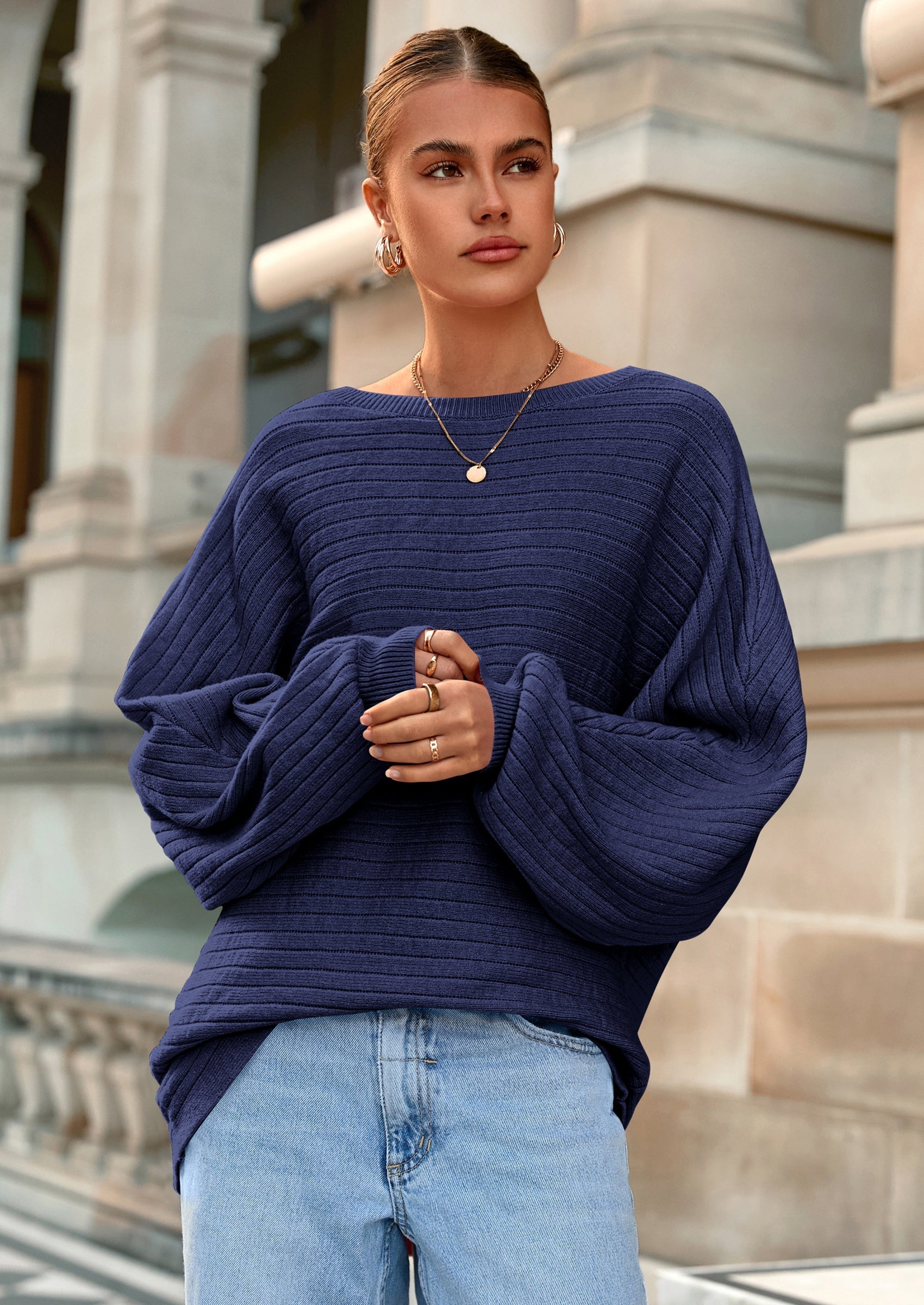 Fall Sweaters for Women Oversized Boat Neck Pullover Long Sleeve Knit Tops Cozy Winter Fashion Clothing