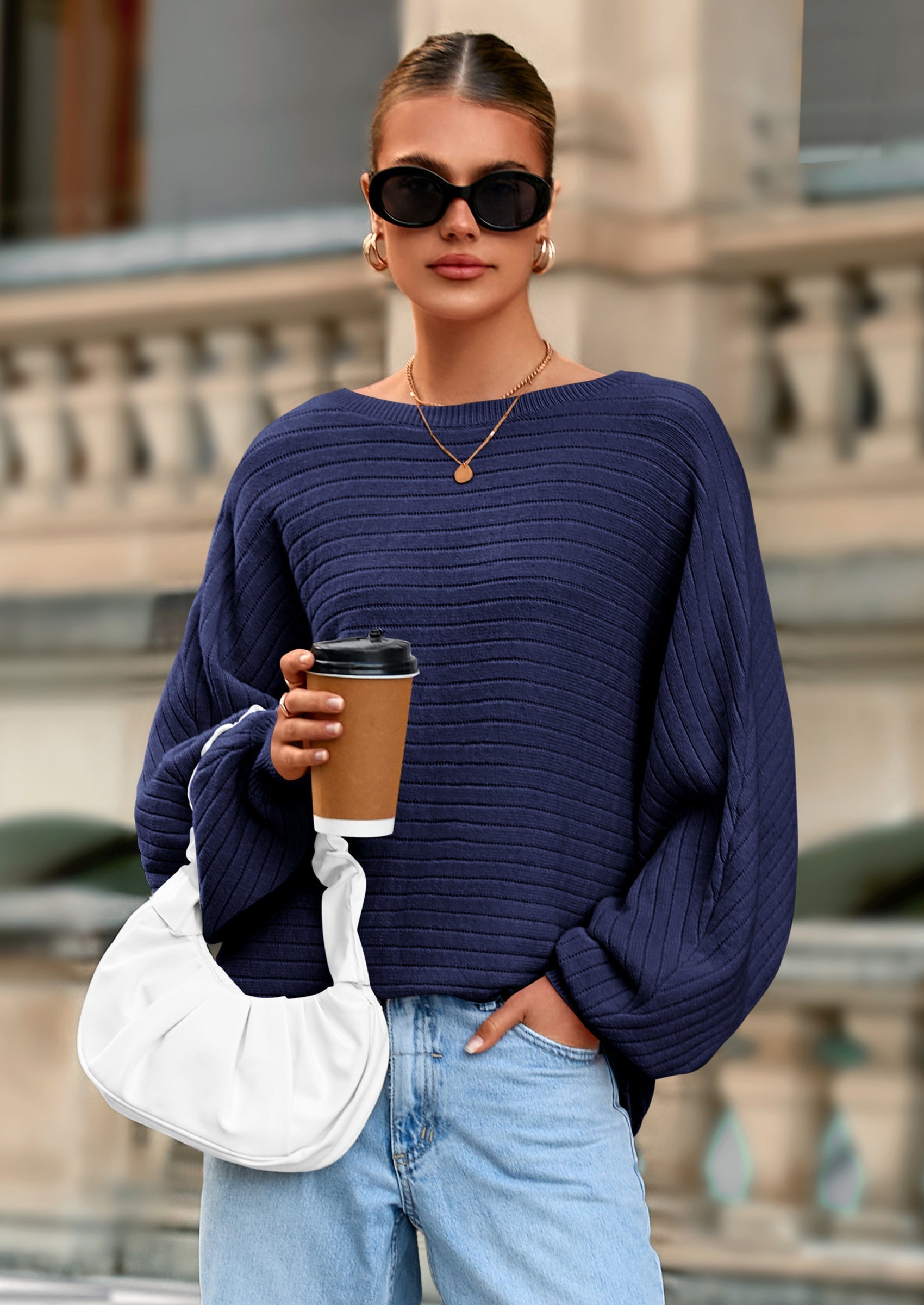 Fall Sweaters for Women Oversized Boat Neck Pullover Long Sleeve Knit Tops Cozy Winter Fashion Clothing