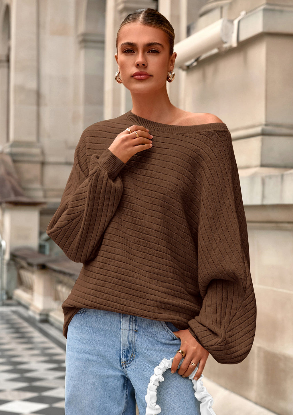 Fall Sweaters for Women Oversized Boat Neck Pullover Long Sleeve Knit Tops Cozy Winter Fashion Clothing