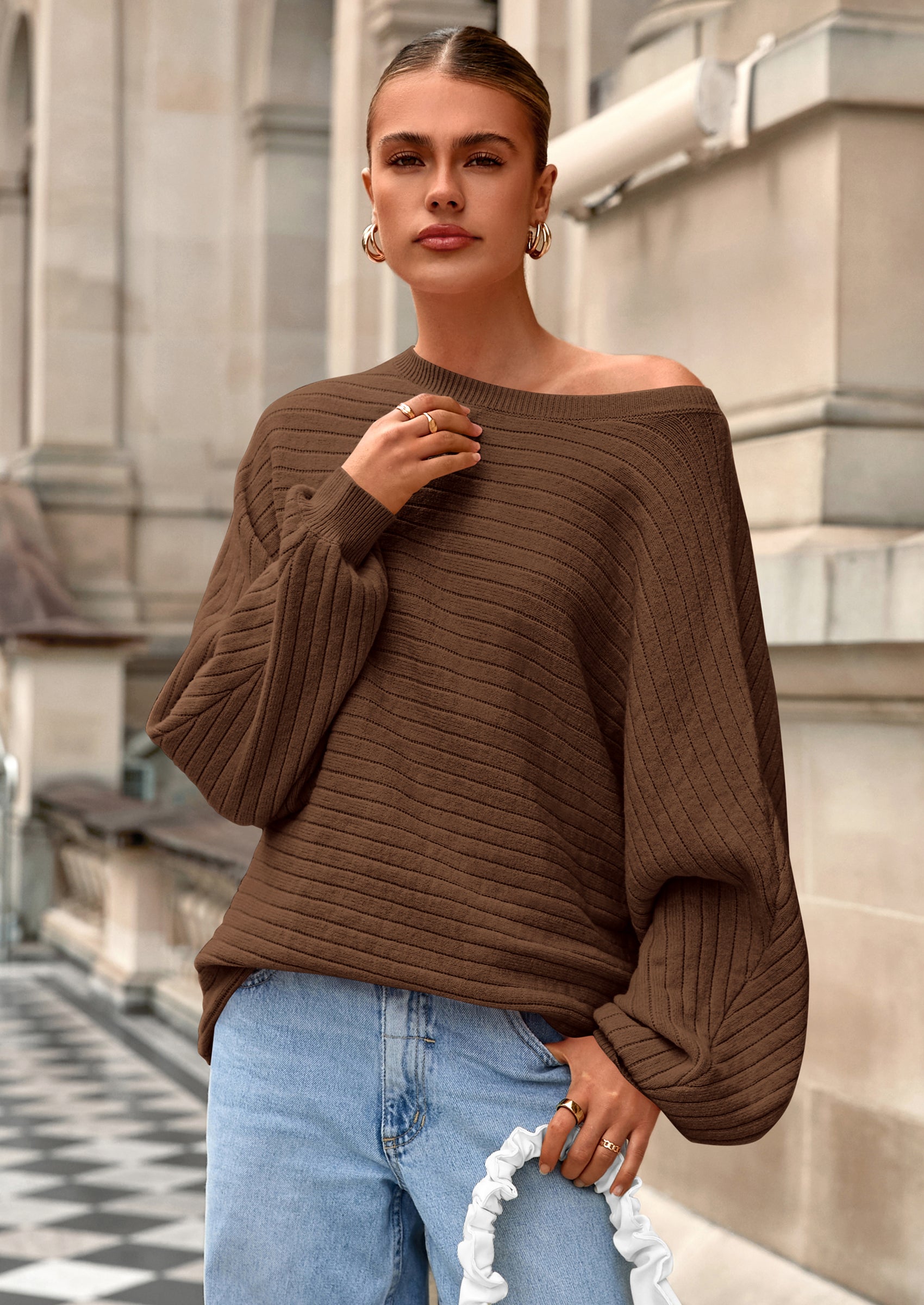 Fall Sweaters for Women Oversized Boat Neck Pullover Long Sleeve Knit Tops Cozy Winter Fashion Clothing