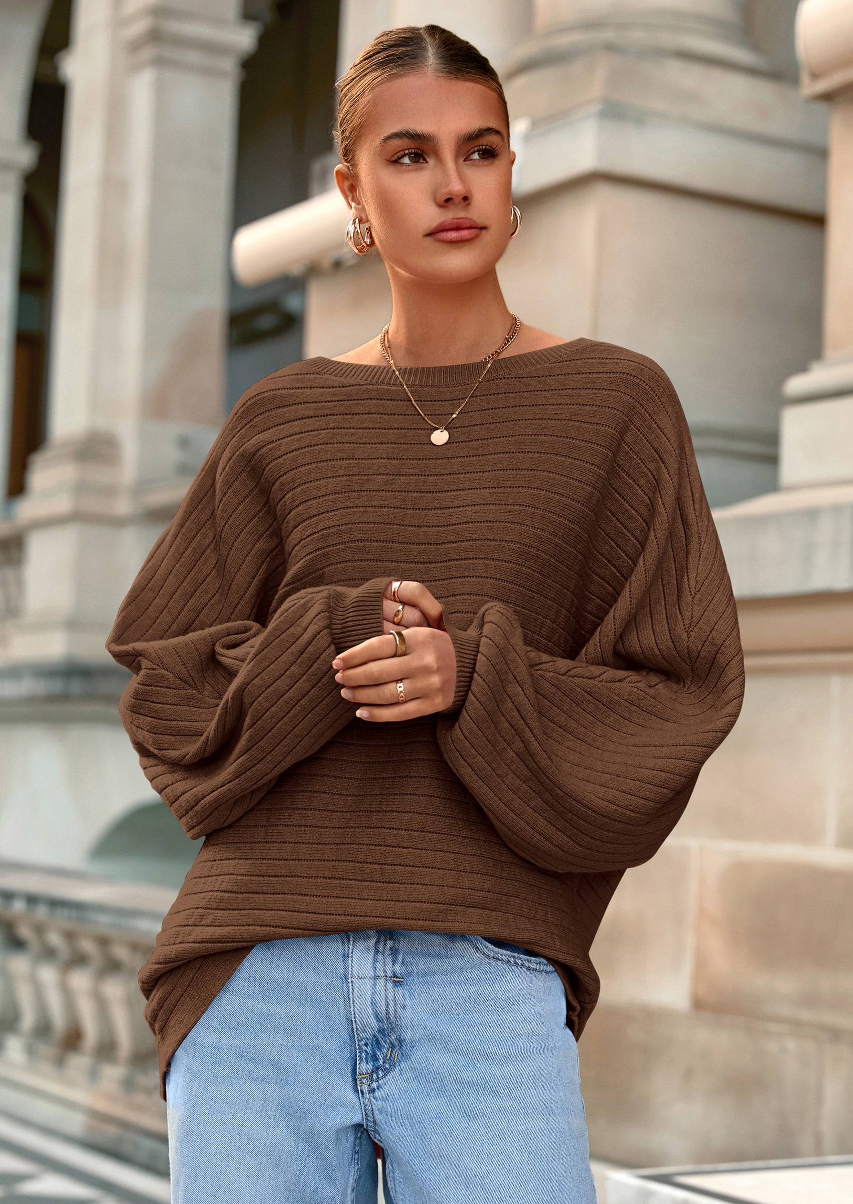 Fall Sweaters for Women Oversized Boat Neck Pullover Long Sleeve Knit Tops Cozy Winter Fashion Clothing