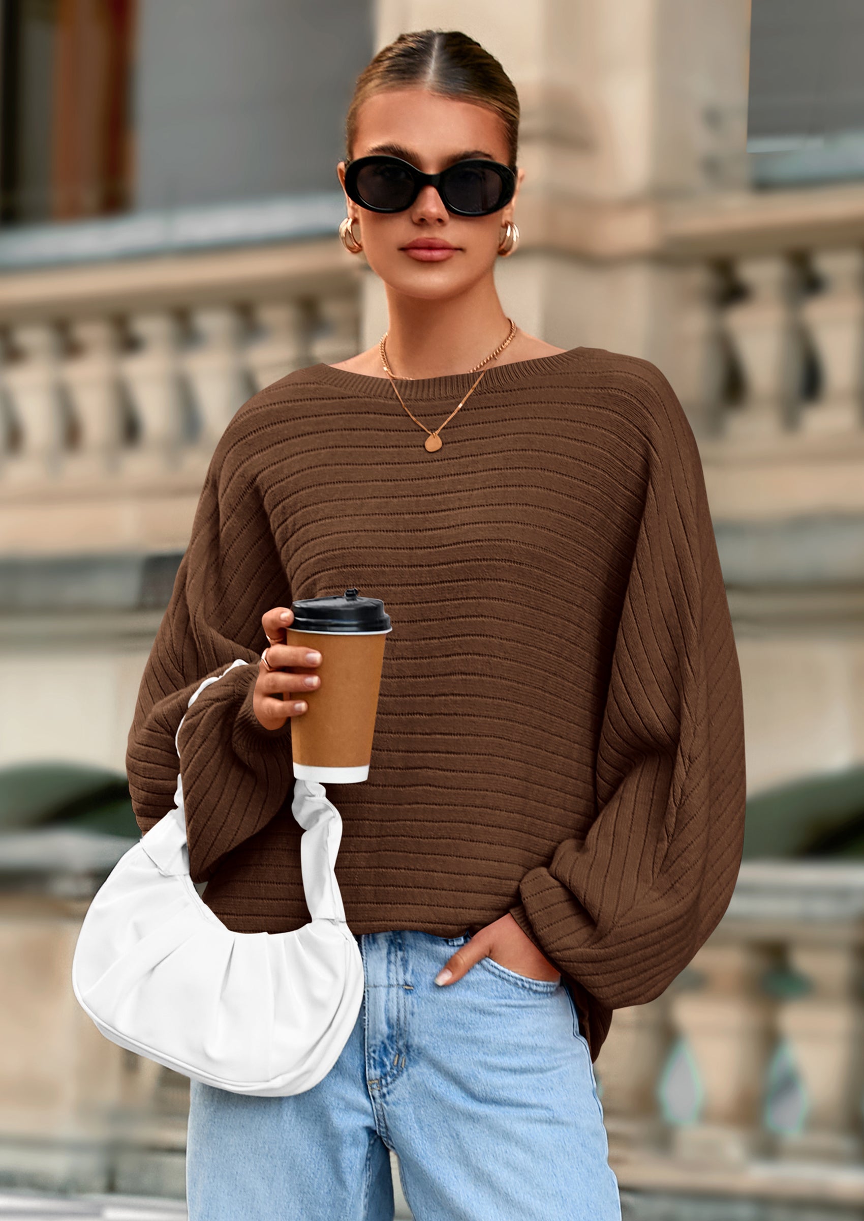 Fall Sweaters for Women Oversized Boat Neck Pullover Long Sleeve Knit Tops Cozy Winter Fashion Clothing