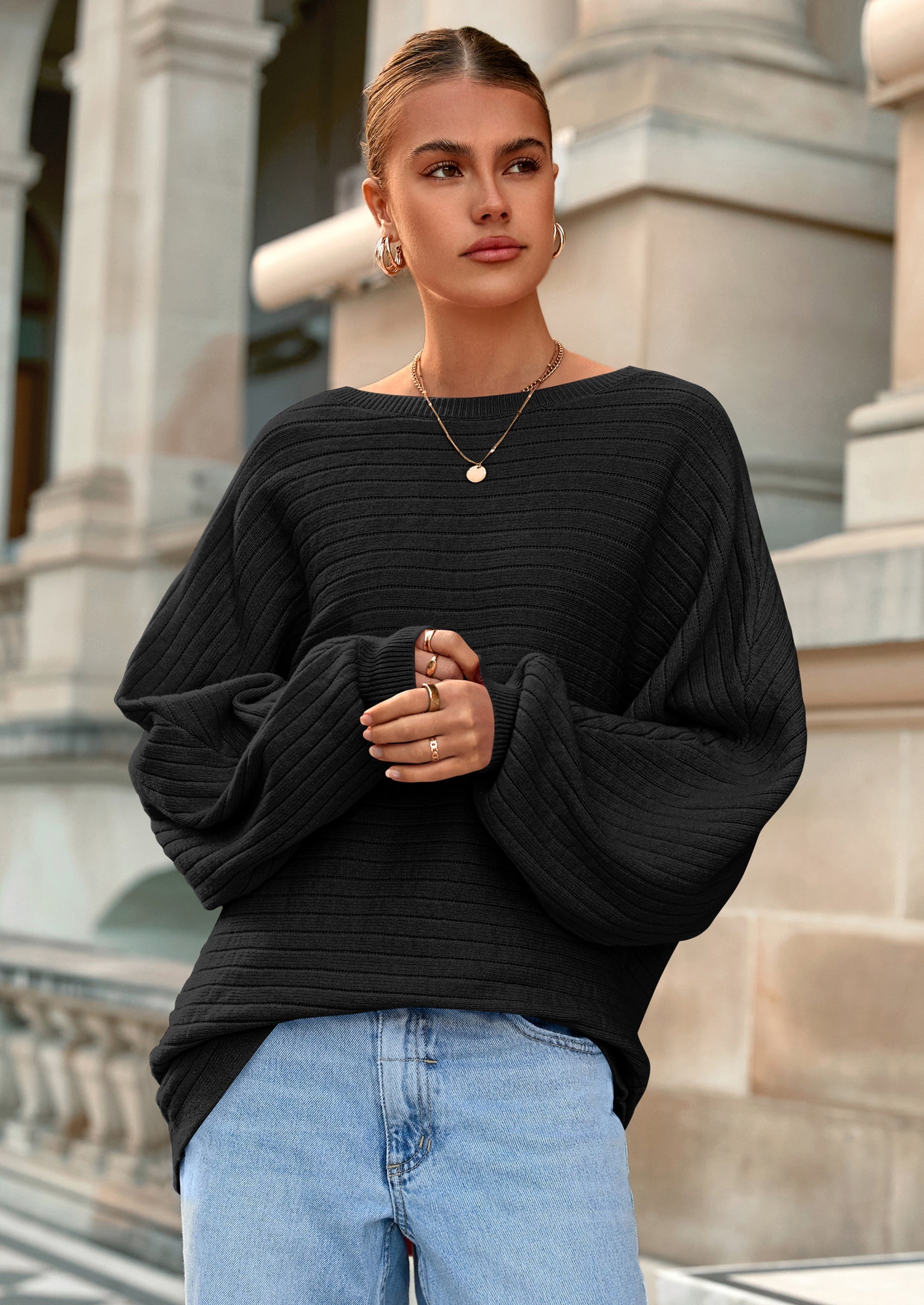 Fall Sweaters for Women Oversized Boat Neck Pullover Long Sleeve Knit Tops Cozy Winter Fashion Clothing
