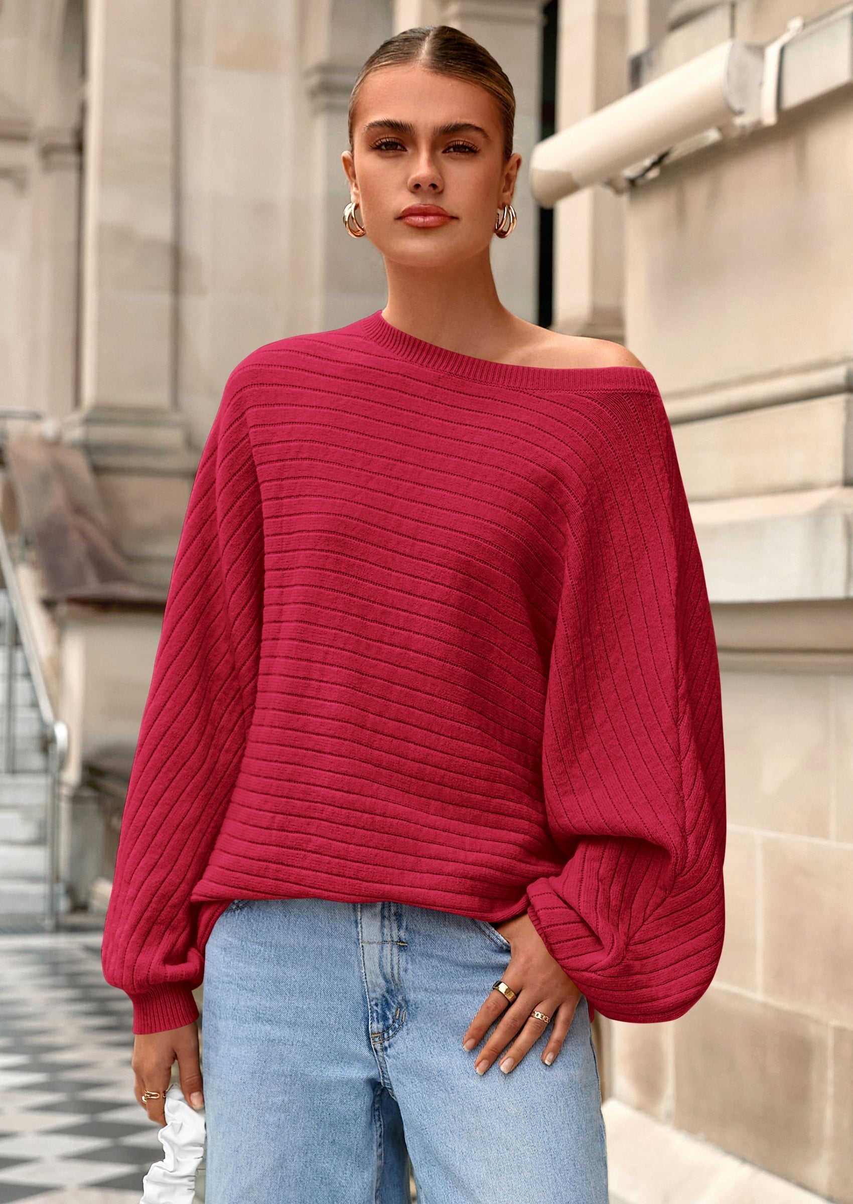 Fall Sweaters for Women Oversized Boat Neck Pullover Long Sleeve Knit Tops Cozy Winter Fashion Clothing