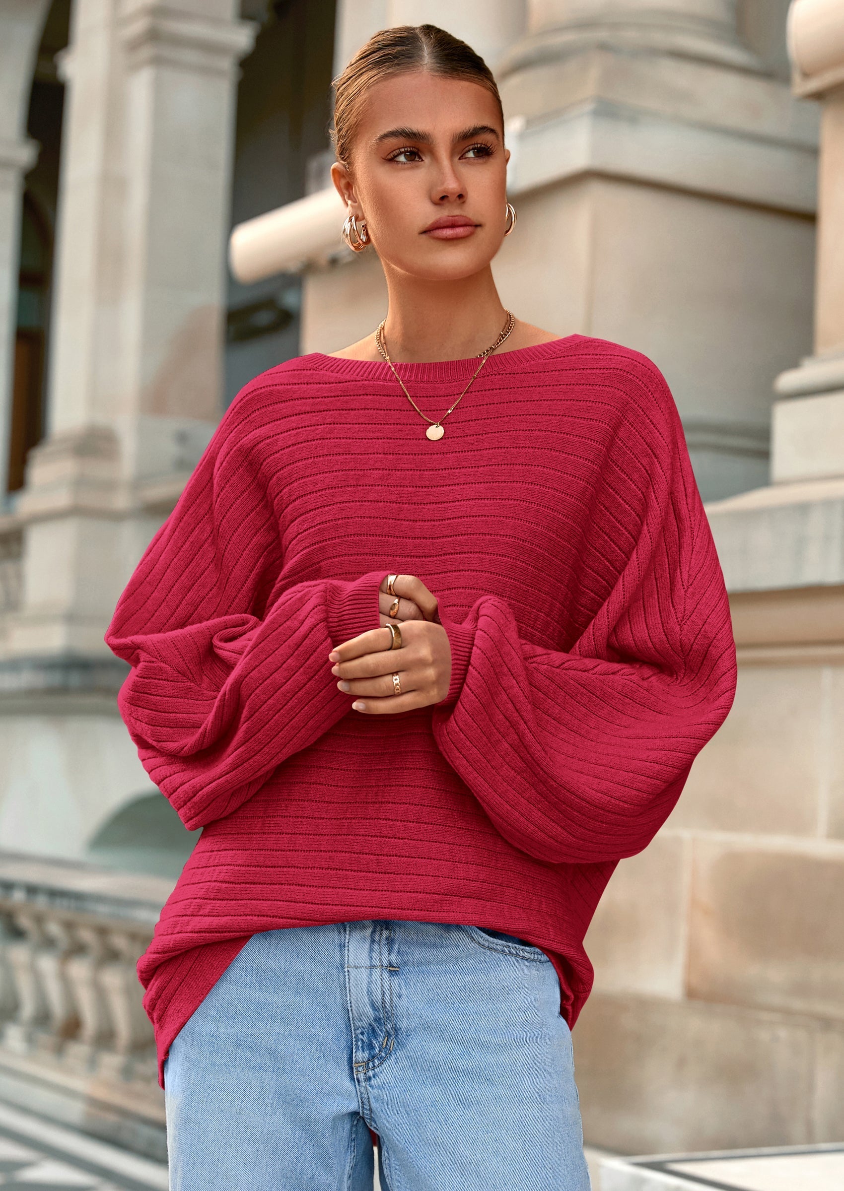 Fall Sweaters for Women Oversized Boat Neck Pullover Long Sleeve Knit Tops Cozy Winter Fashion Clothing