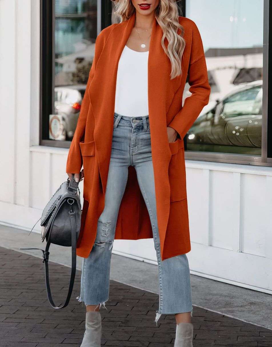 Women's Casual Long Sleeve Draped Open Front Knit Pockets Long Cardigan Jackets Sweater