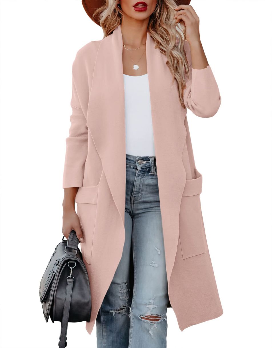 Women's Casual Long Sleeve Draped Open Front Knit Pockets Long Cardigan Jackets Sweater