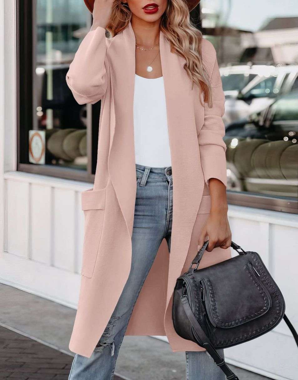 Women's Casual Long Sleeve Draped Open Front Knit Pockets Long Cardigan Jackets Sweater